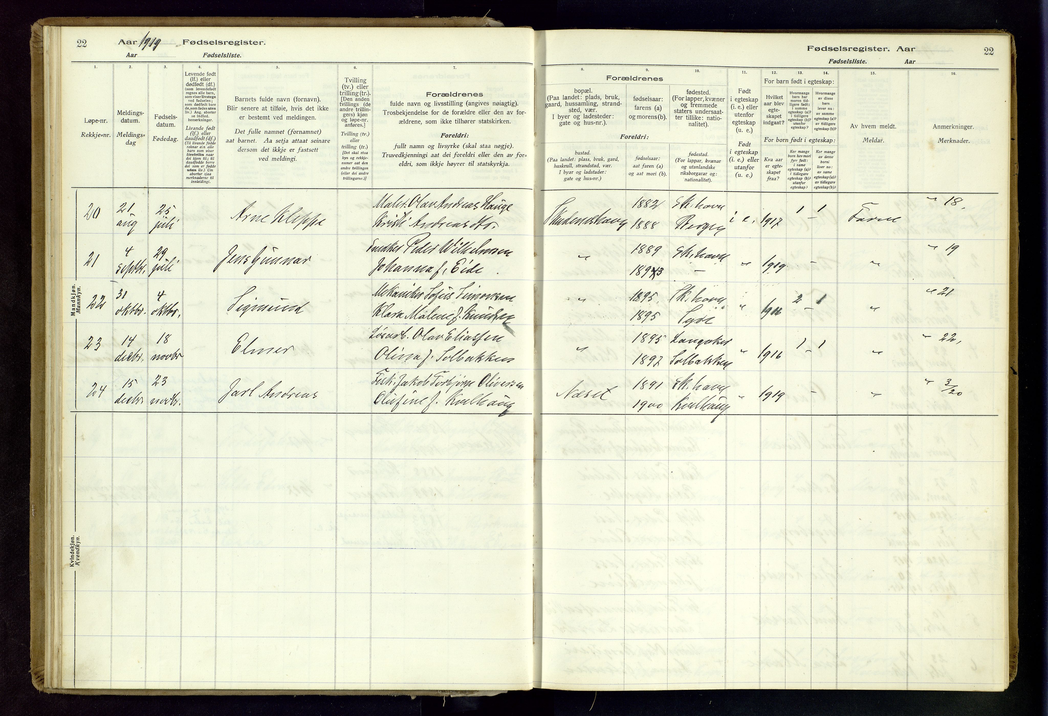 Skudenes sokneprestkontor, AV/SAST-A -101849/I/Id/L0003: Birth register no. 3, 1916-1964, p. 22