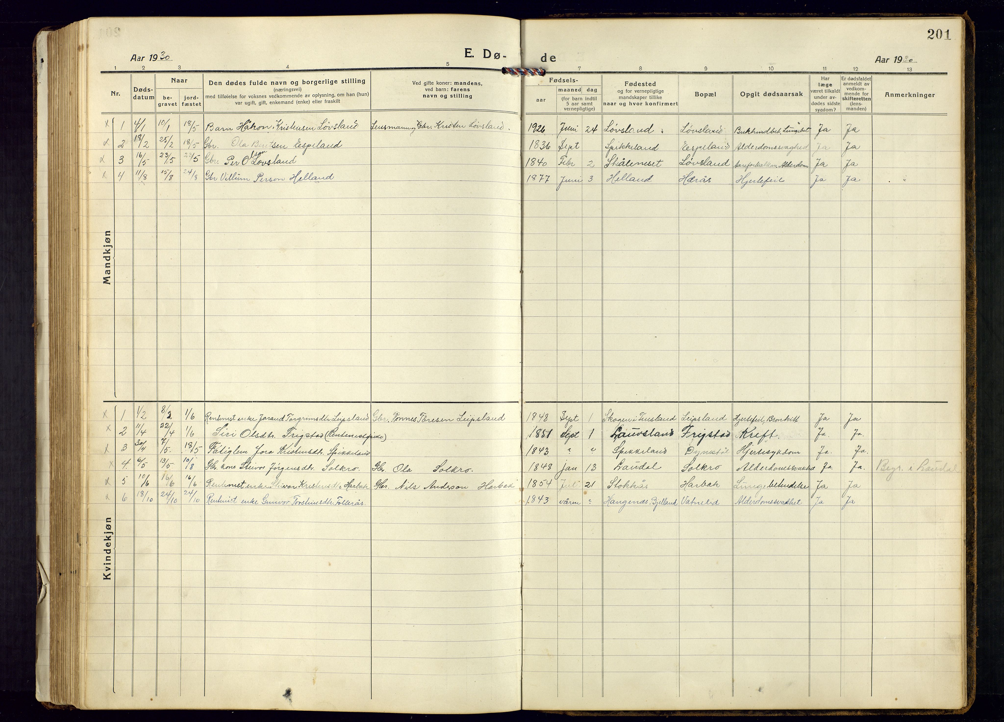 Bjelland sokneprestkontor, AV/SAK-1111-0005/F/Fb/Fbb/L0006: Parish register (copy) no. B-6, 1918-1946, p. 201