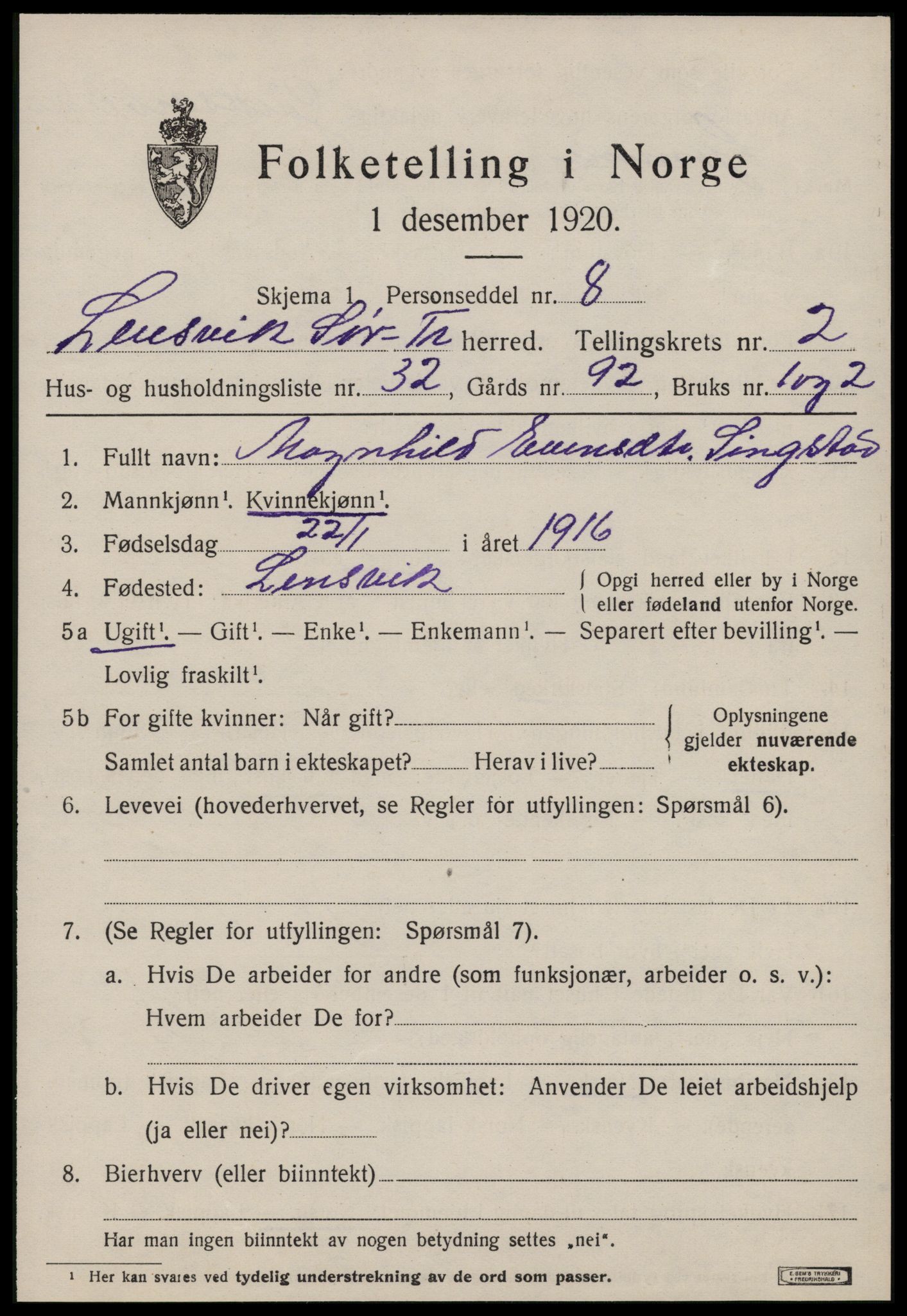 SAT, 1920 census for Lensvik, 1920, p. 1704