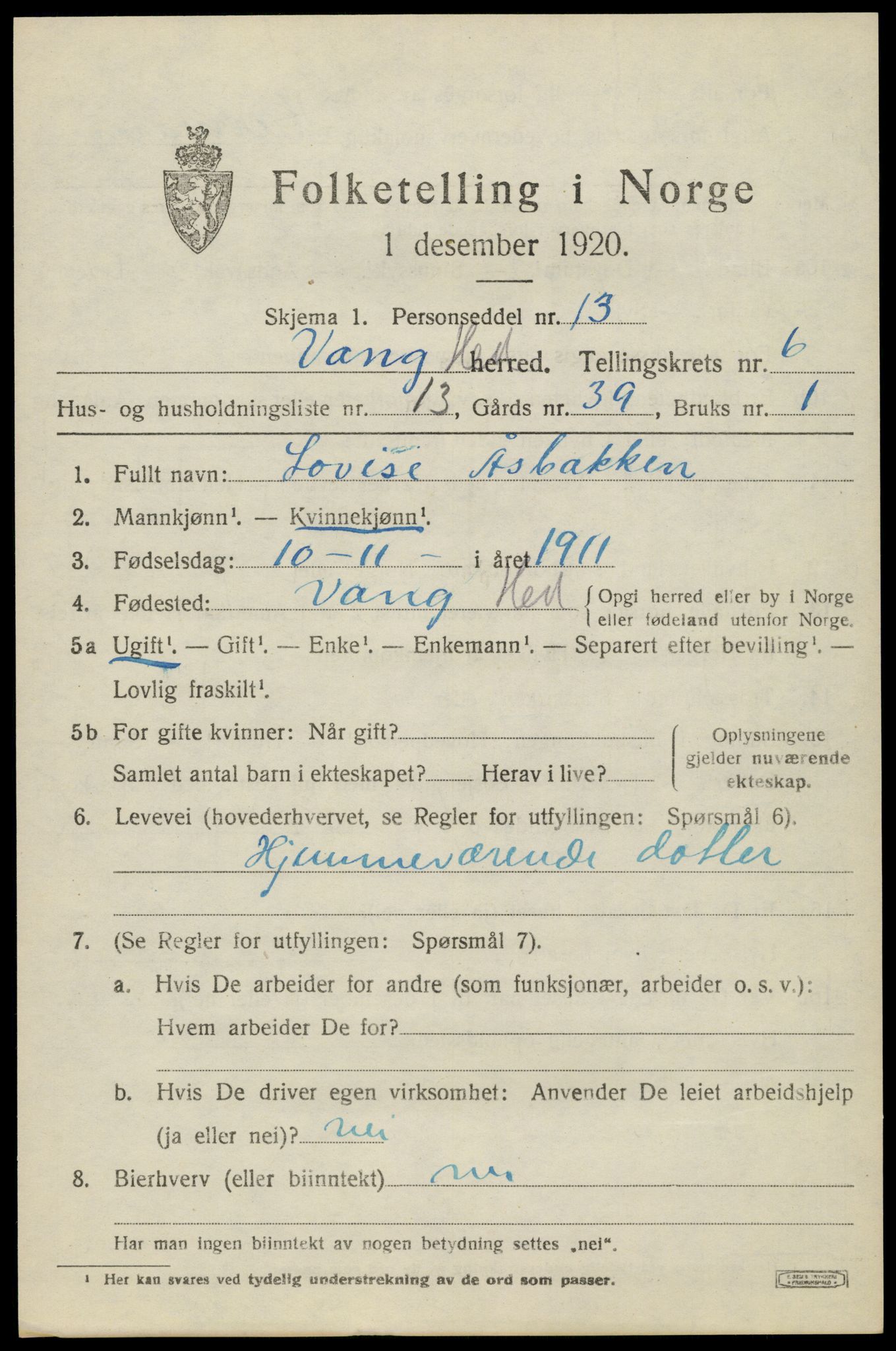 SAH, 1920 census for Vang (Hedmark), 1920, p. 15369