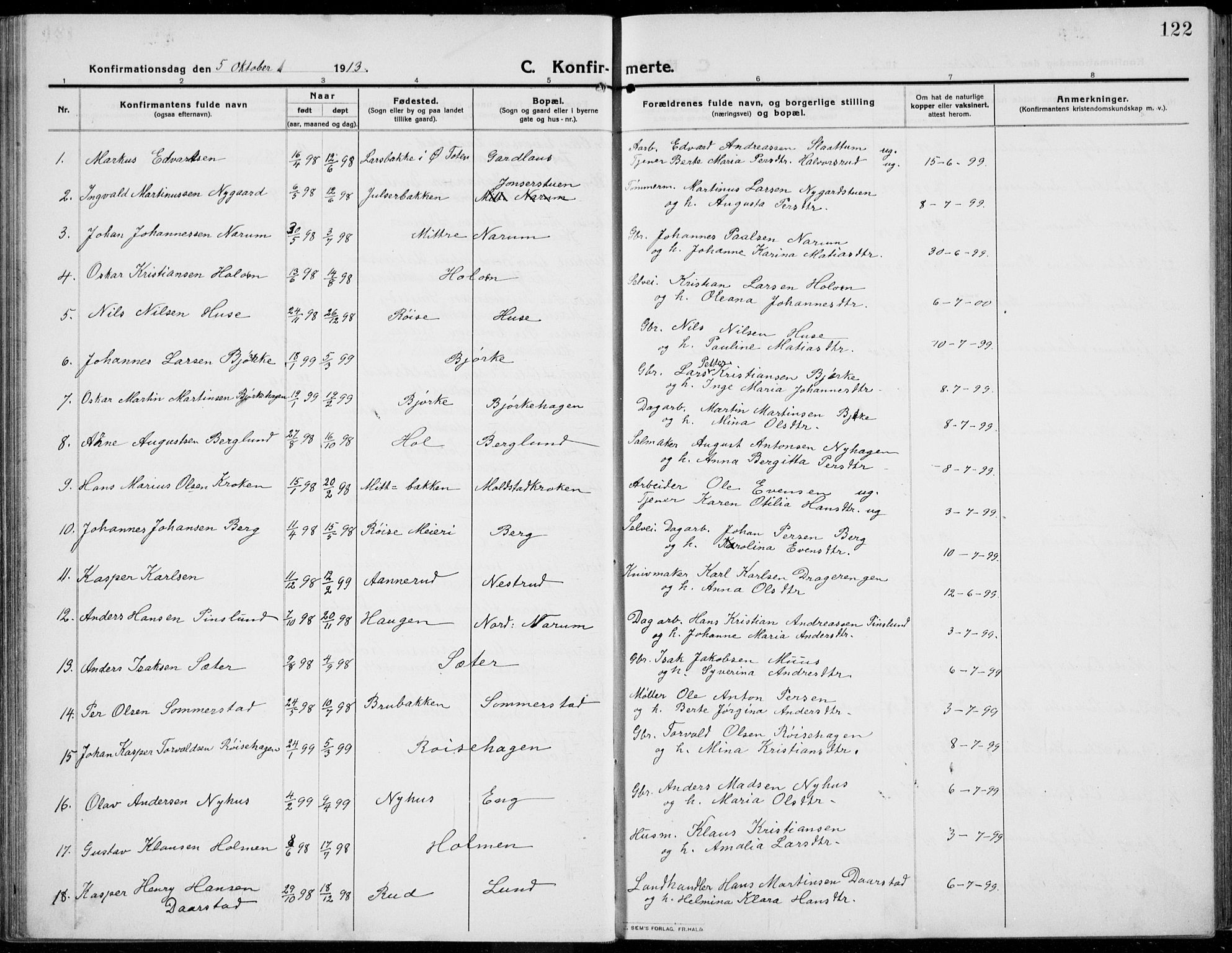Kolbu prestekontor, SAH/PREST-110/H/Ha/Haa/L0002: Parish register (official) no. 2, 1912-1926, p. 122