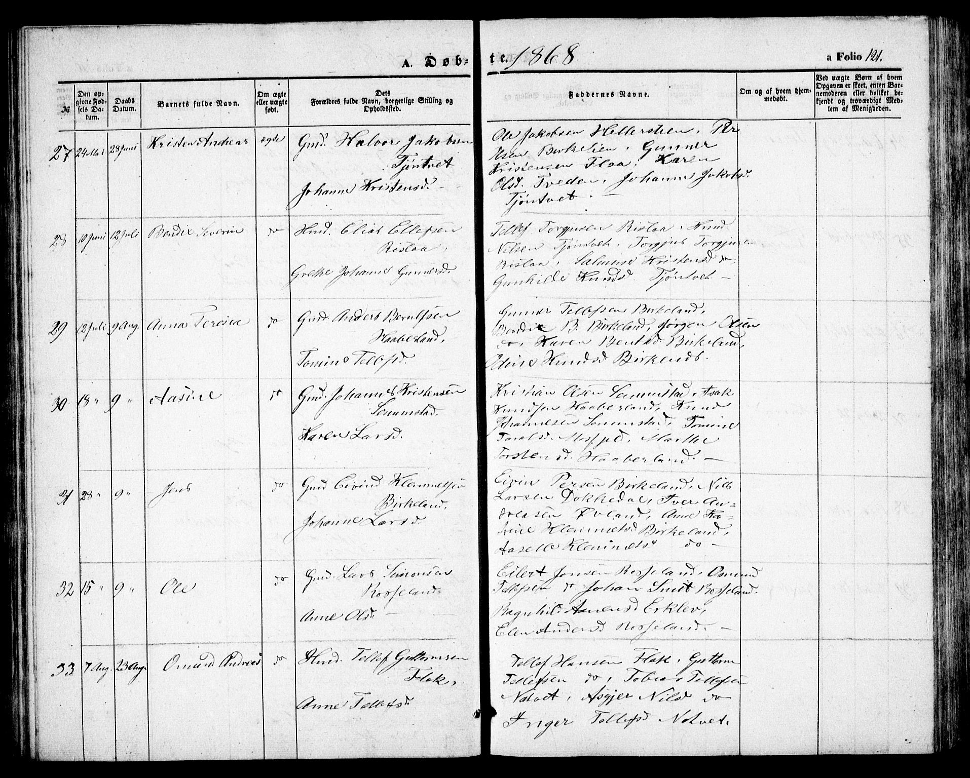 Birkenes sokneprestkontor, AV/SAK-1111-0004/F/Fb/L0002: Parish register (copy) no. B 2, 1849-1876, p. 121