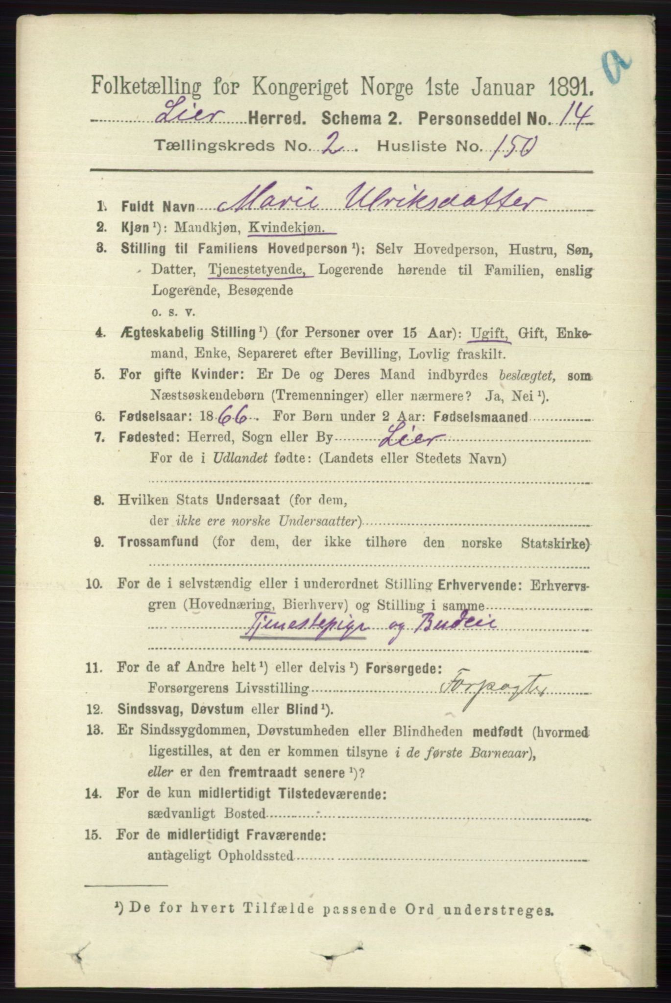 RA, 1891 census for 0626 Lier, 1891, p. 2432