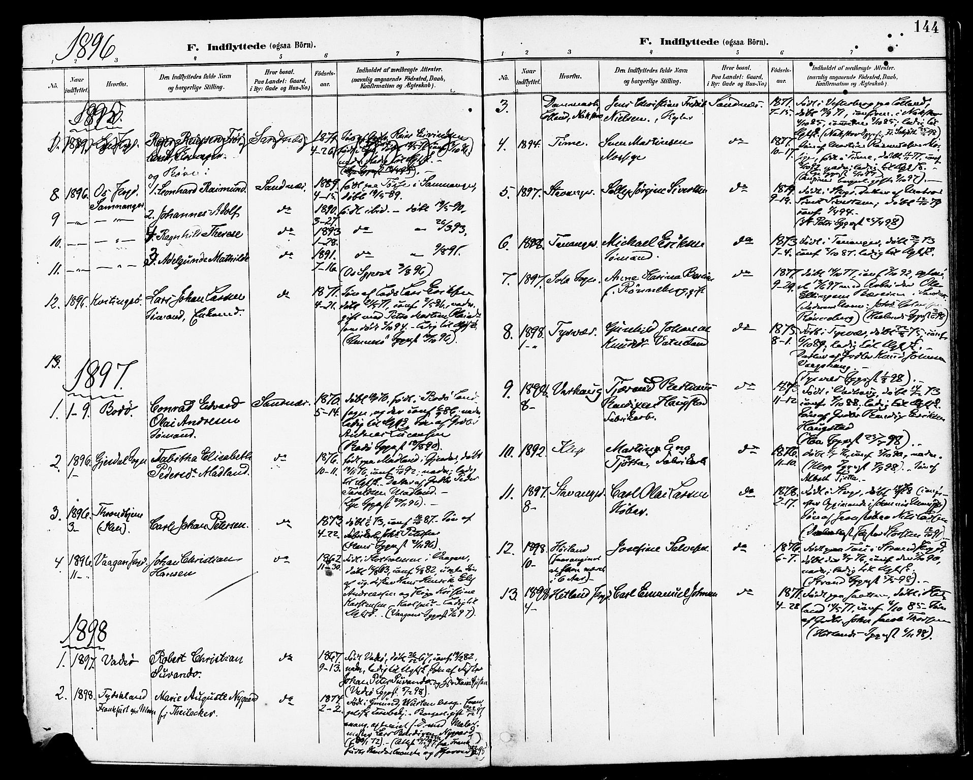 Høyland sokneprestkontor, SAST/A-101799/001/30BA/L0014: Parish register (official) no. A 12, 1890-1898, p. 144