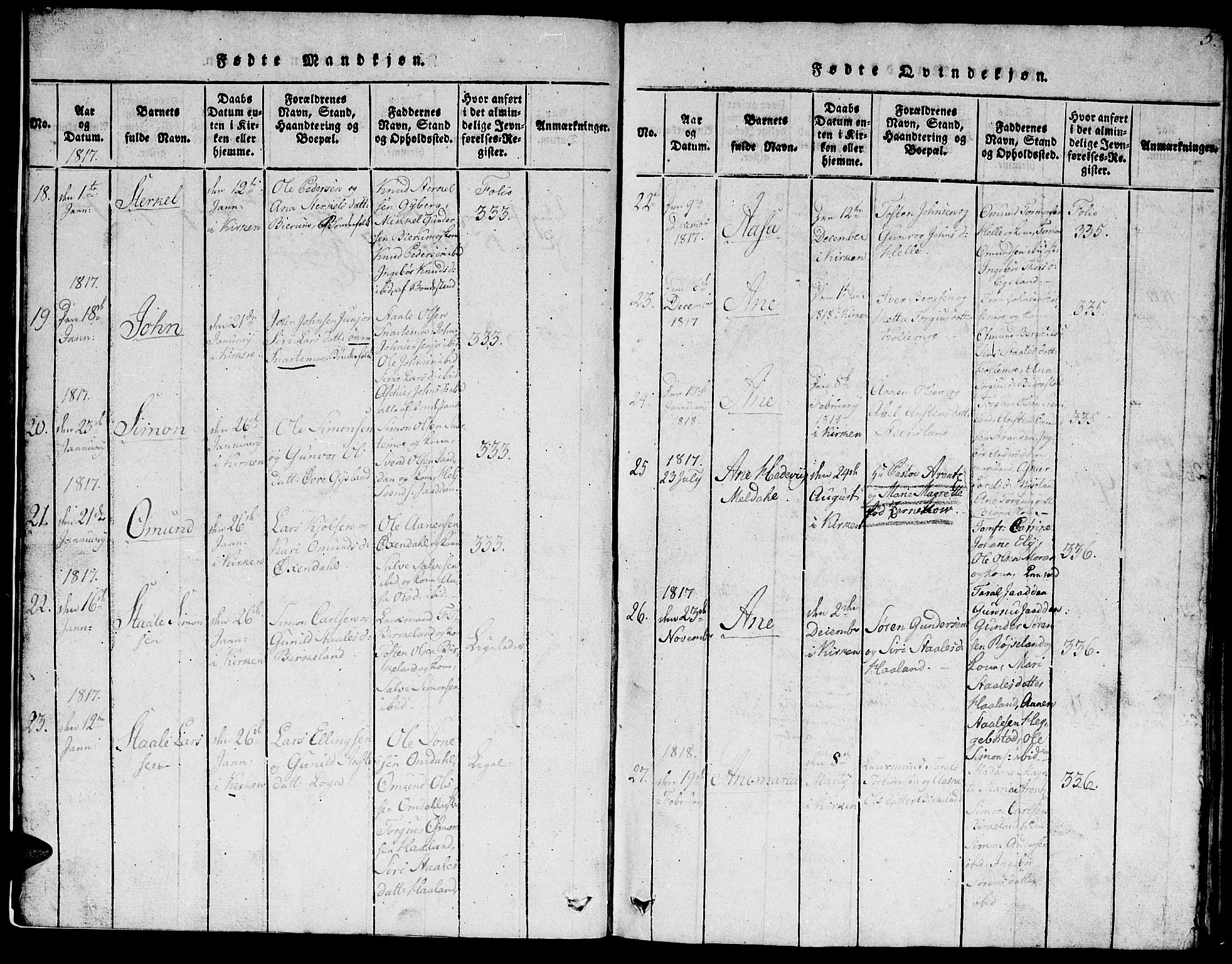 Hægebostad sokneprestkontor, AV/SAK-1111-0024/F/Fb/Fba/L0001: Parish register (copy) no. B 1, 1815-1844, p. 5