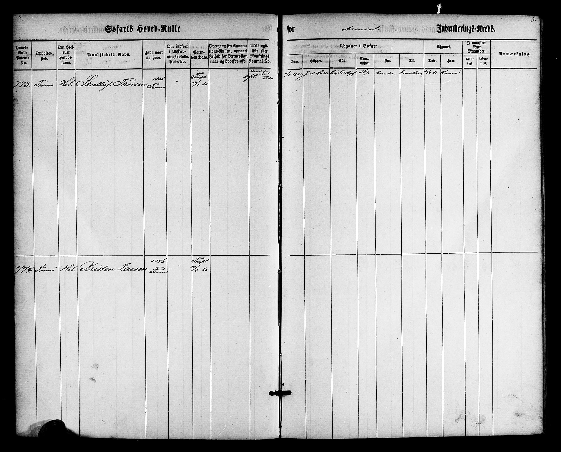 Arendal mønstringskrets, SAK/2031-0012/F/Fb/L0009: Hovedrulle nr 767-1532, S-7, 1857-1864, p. 5