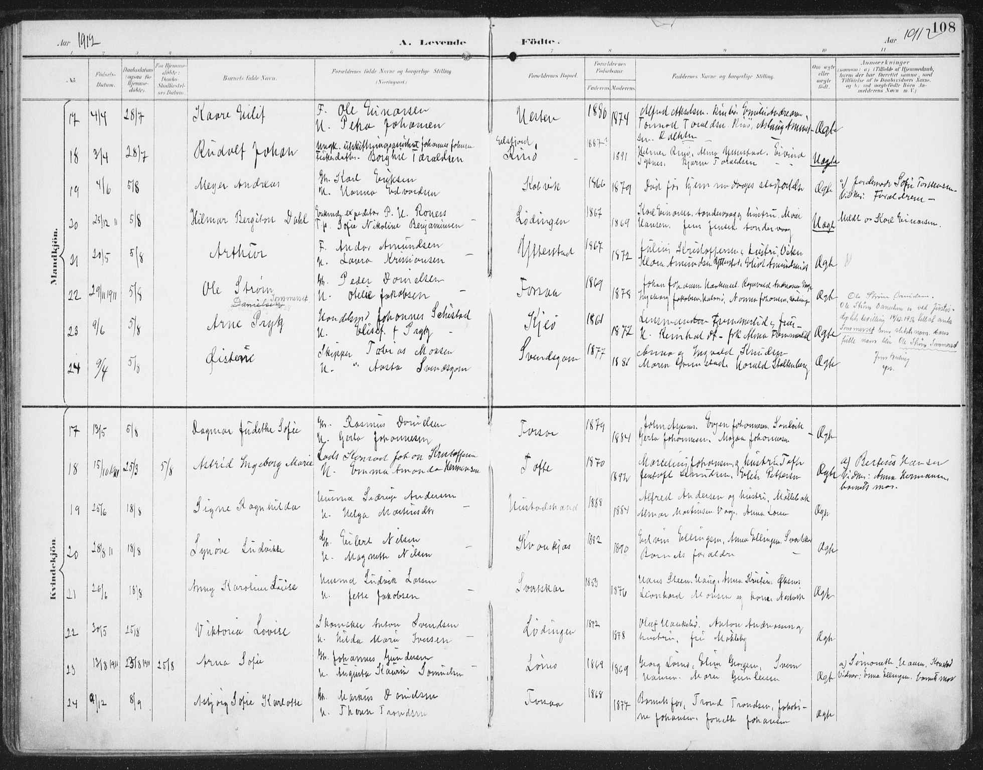 Ministerialprotokoller, klokkerbøker og fødselsregistre - Nordland, AV/SAT-A-1459/872/L1036: Parish register (official) no. 872A11, 1897-1913, p. 108