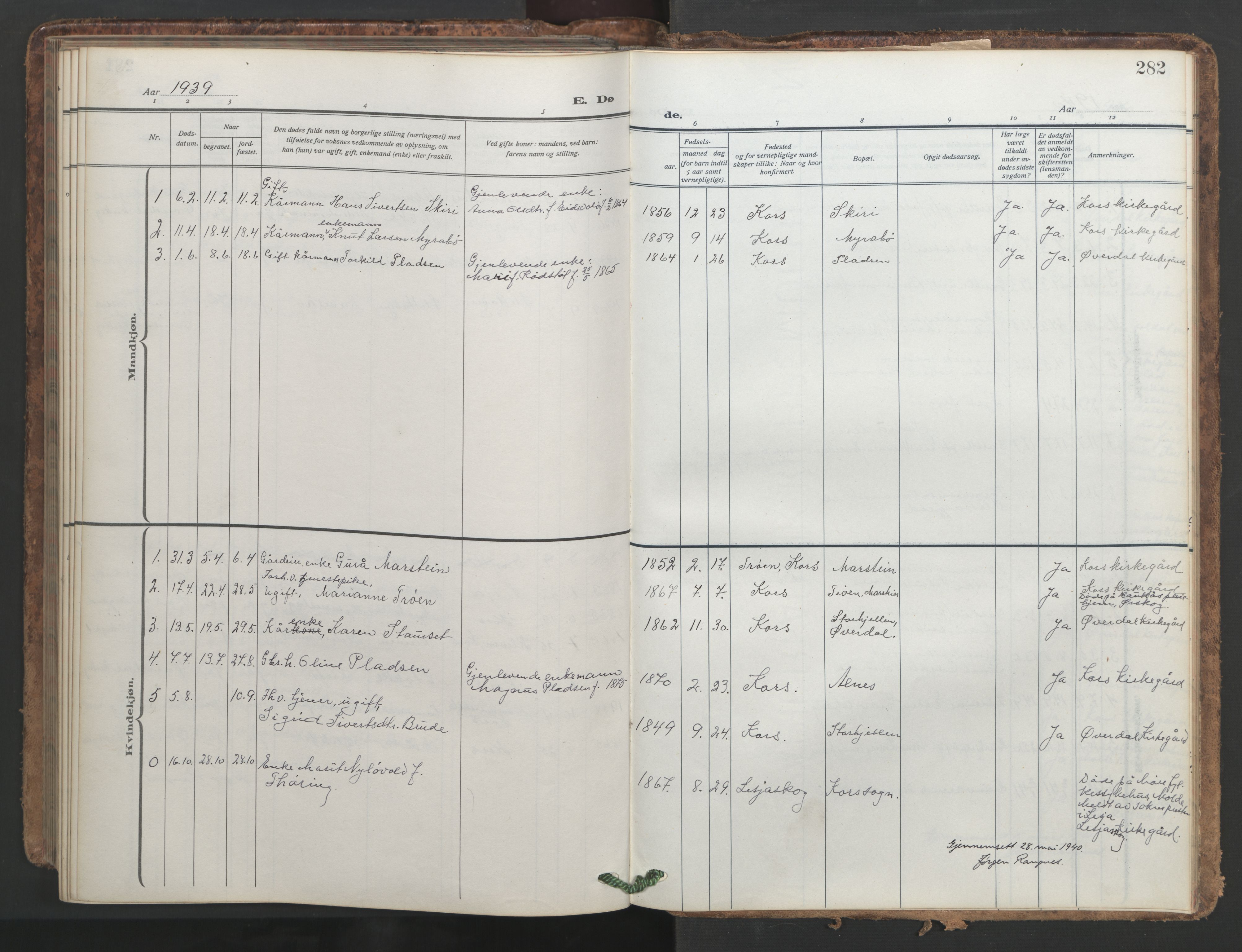 Ministerialprotokoller, klokkerbøker og fødselsregistre - Møre og Romsdal, AV/SAT-A-1454/546/L0597: Parish register (copy) no. 546C03, 1921-1959, p. 282