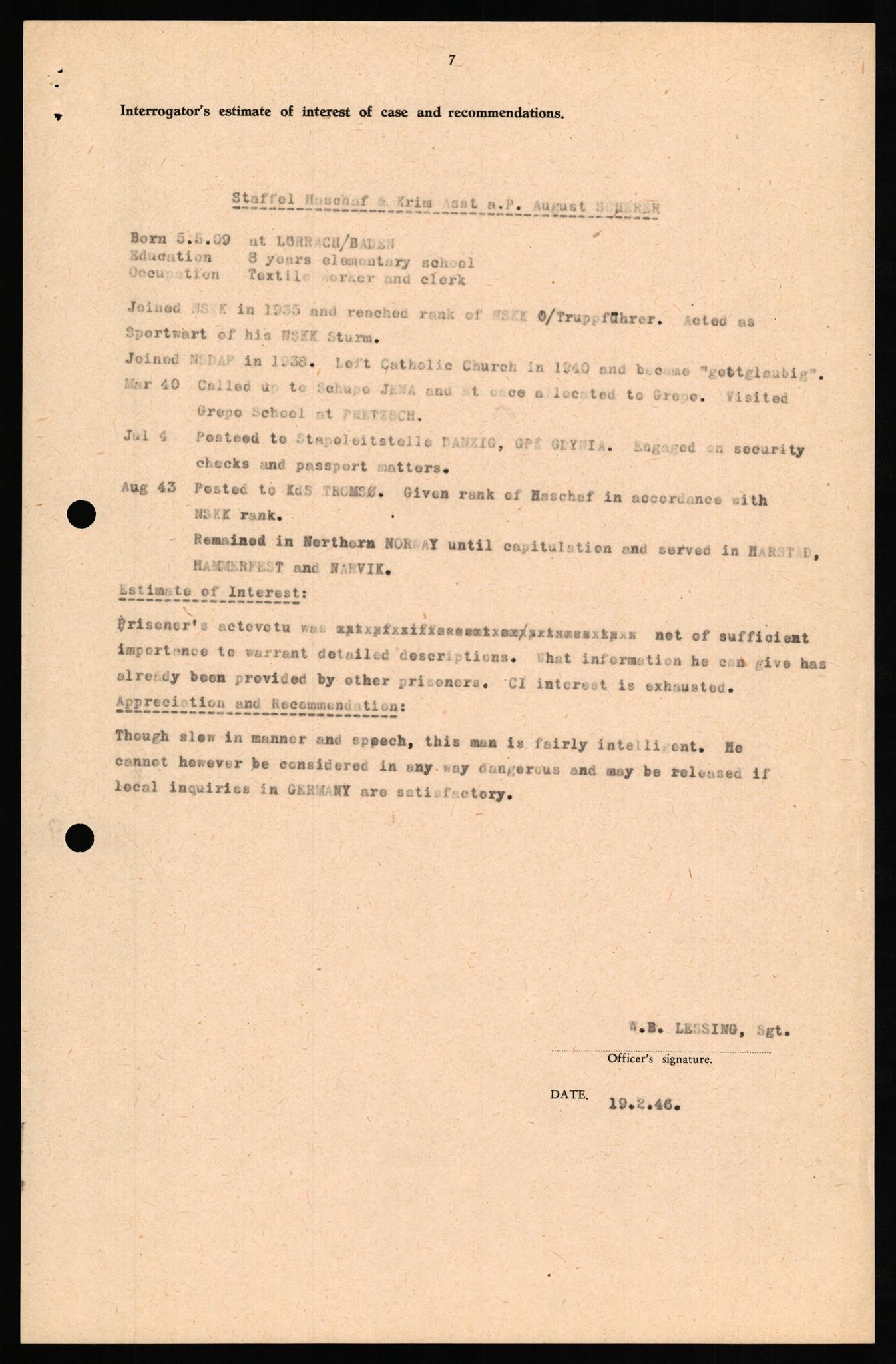 Forsvaret, Forsvarets overkommando II, RA/RAFA-3915/D/Db/L0029: CI Questionaires. Tyske okkupasjonsstyrker i Norge. Tyskere., 1945-1946, p. 139