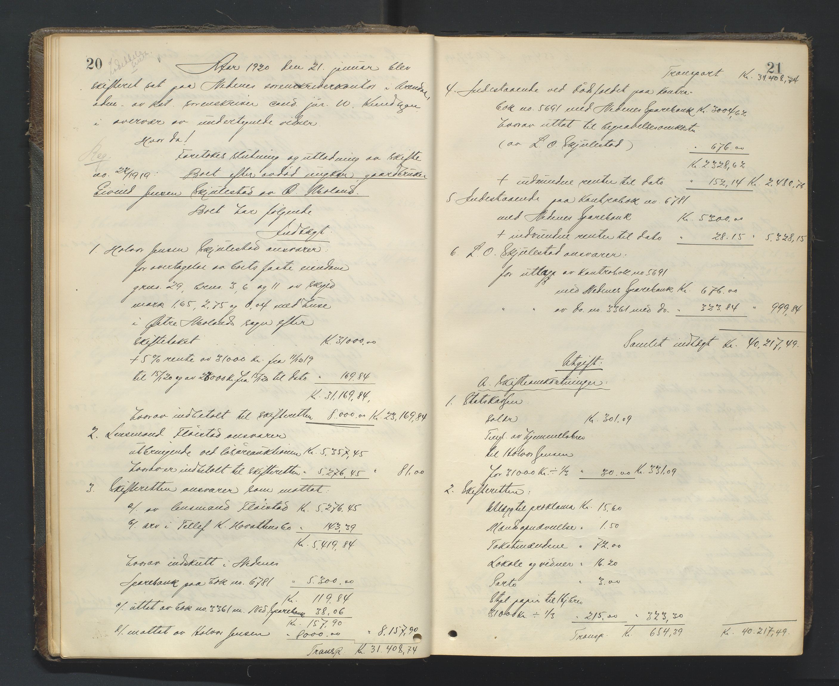 Nedenes sorenskriveri, AV/SAK-1221-0006/H/Hc/L0022: Skifteutlodningsprotokoll nr 8, 1919-1926, p. 20-21