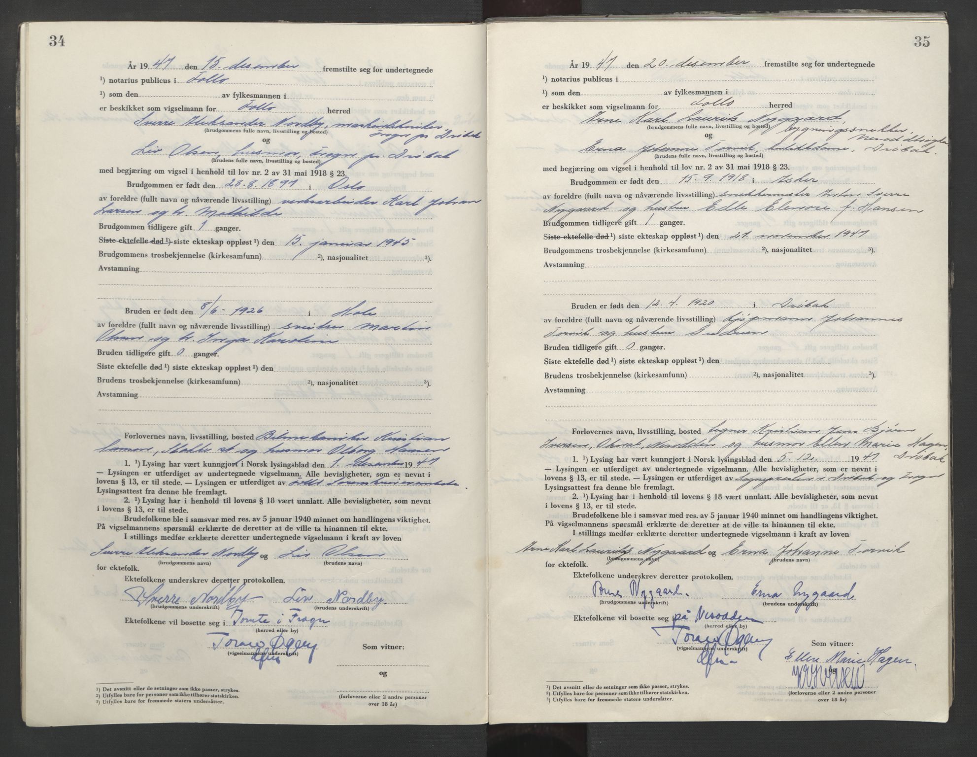 Follo sorenskriveri, AV/SAO-A-10274/L/La/Lab/L0003: Vigselsbok, 1946-1955, p. 34-35