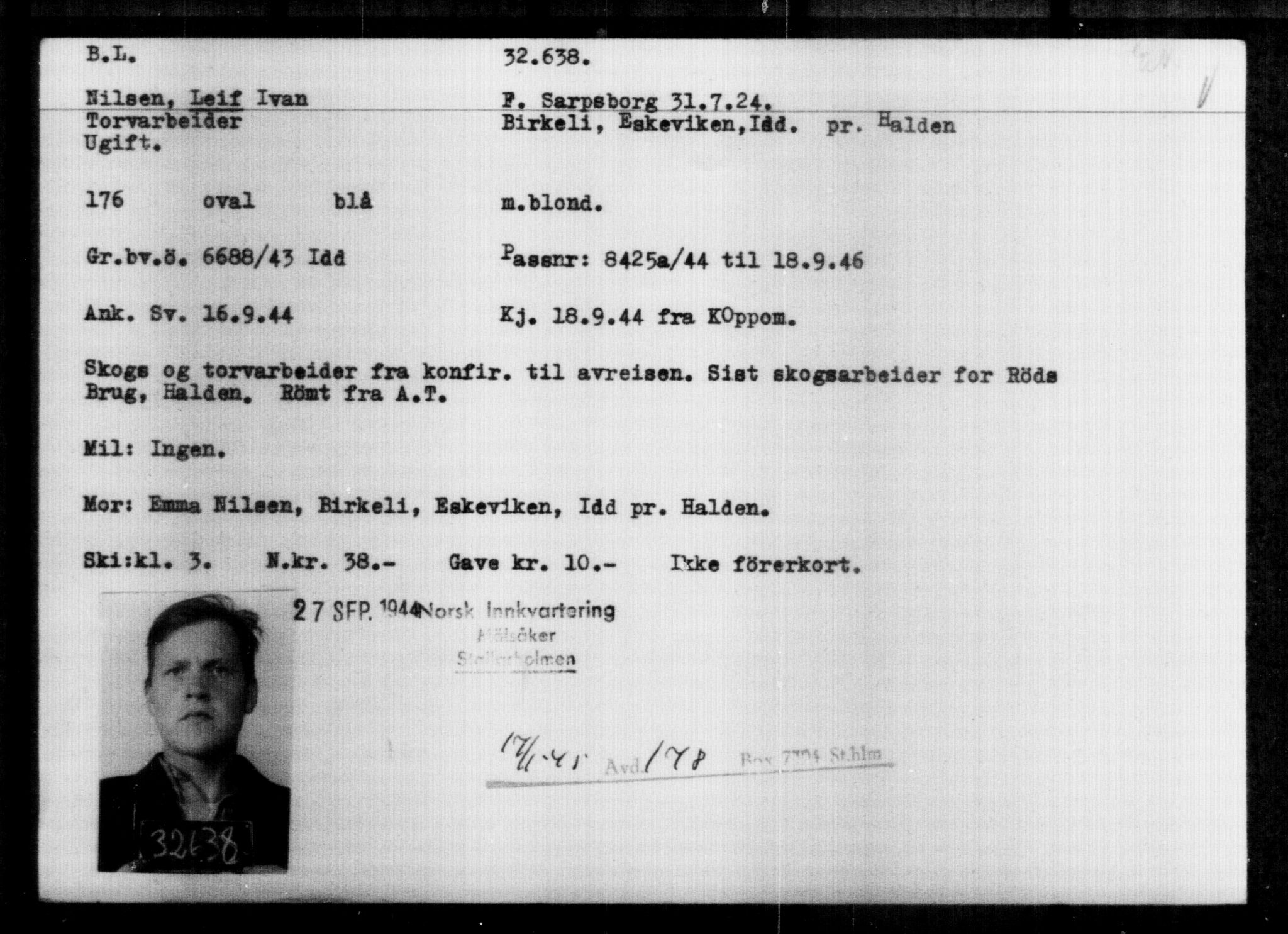 Utenriksstasjonene, Legasjonen i Stockholm, Flyktningkontoret, AV/RA-S-6753/V/Va/L0013: Kjesäterkartoteket, flyktninger med registreringsnr. 31500-34731, 1940-1945, p. 1201