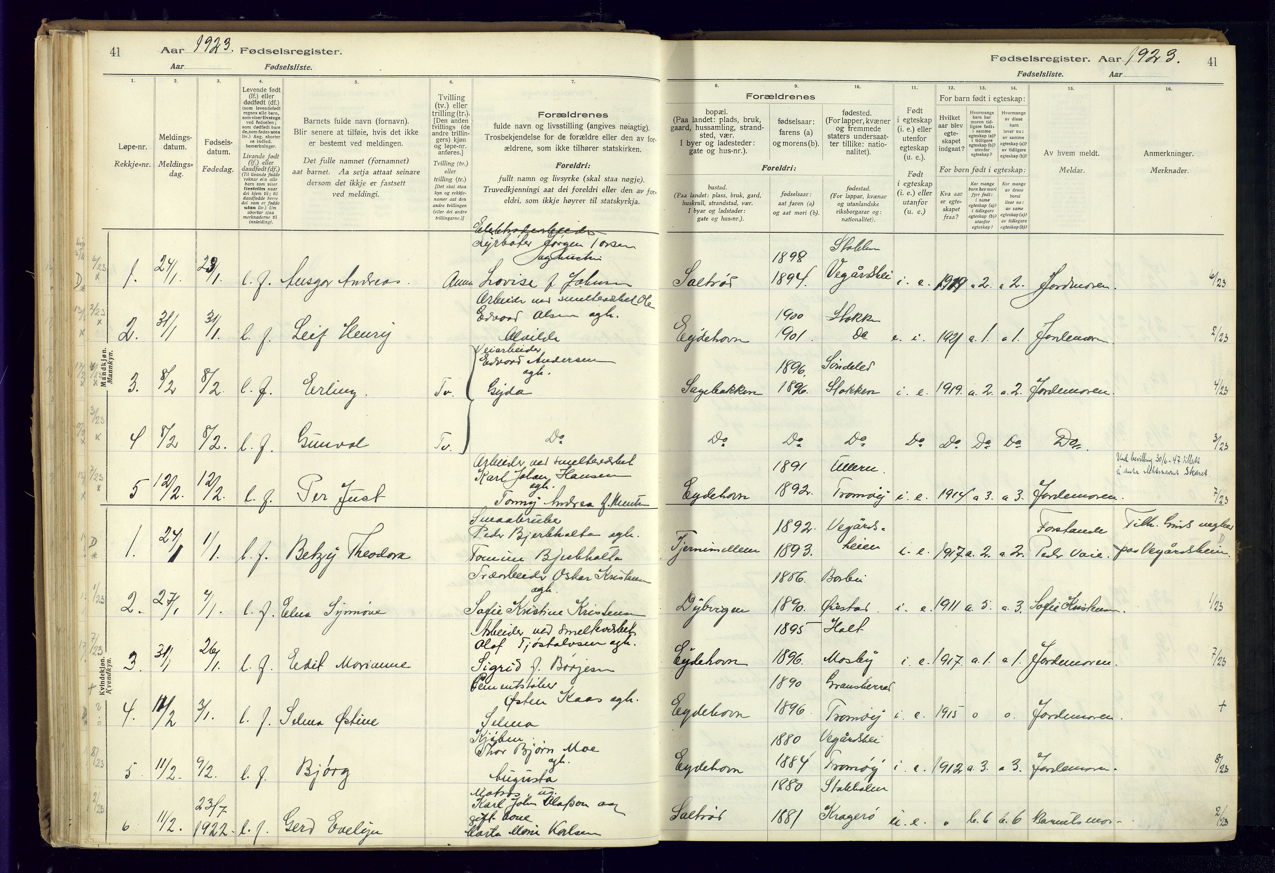 Austre Moland sokneprestkontor, SAK/1111-0001/J/Ja/L0003: Birth register no. A-VI-27, 1916-1950, p. 41