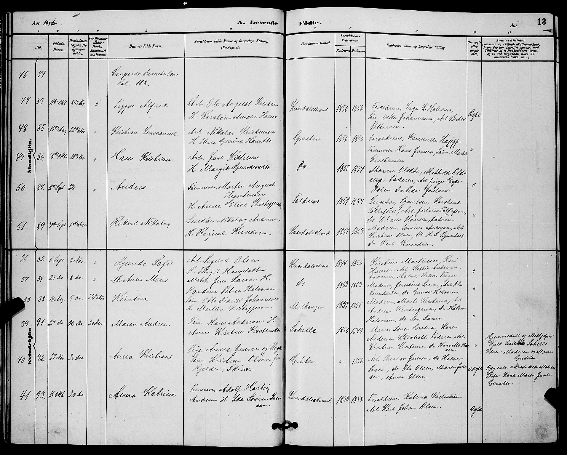 Solum kirkebøker, SAKO/A-306/G/Ga/L0007: Parish register (copy) no. I 7, 1884-1898, p. 13