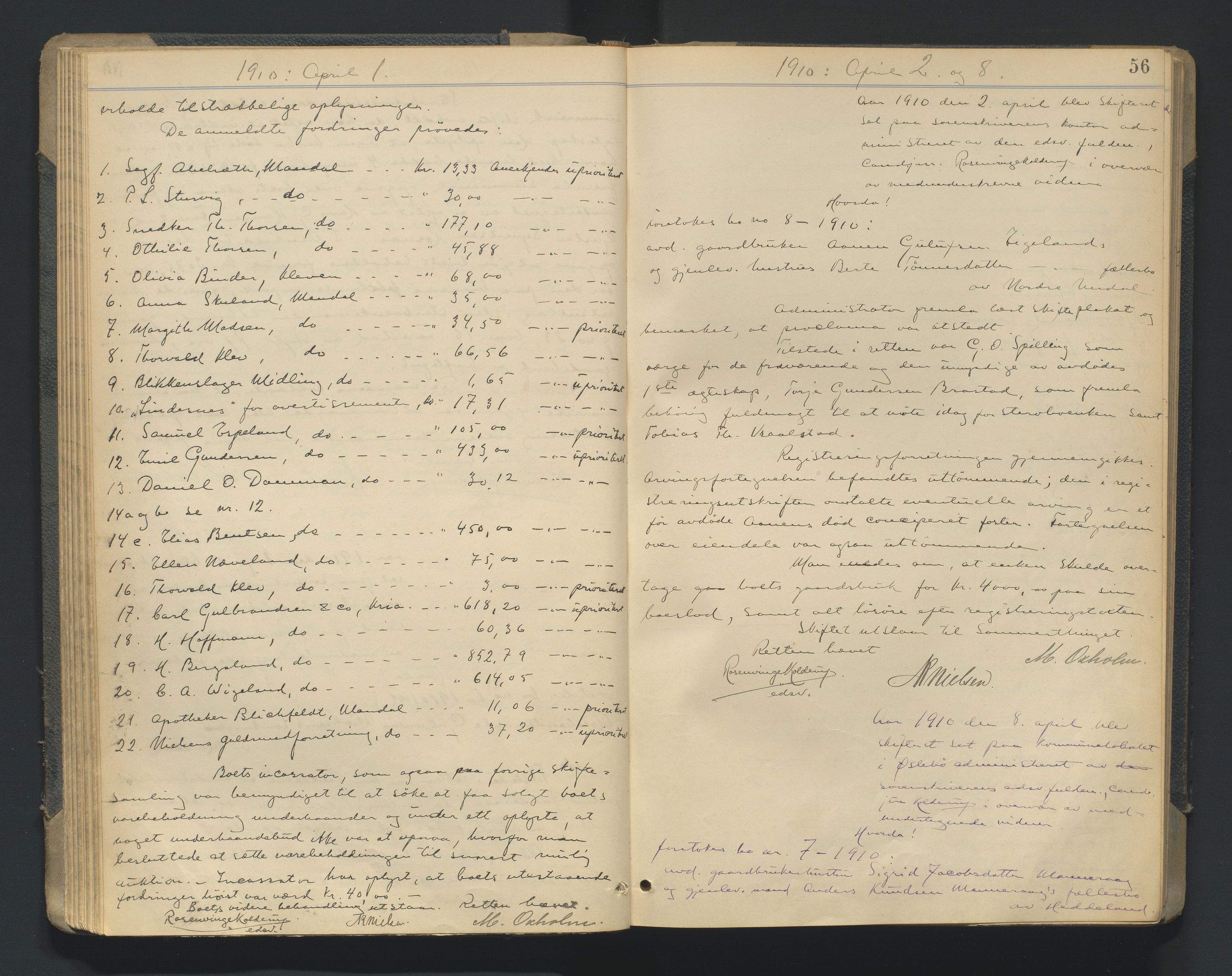 Mandal sorenskriveri, AV/SAK-1221-0005/001/H/Hc/L0081: Skifteforhandlingsprotokoll nr 13, 1909-1913, p. 56
