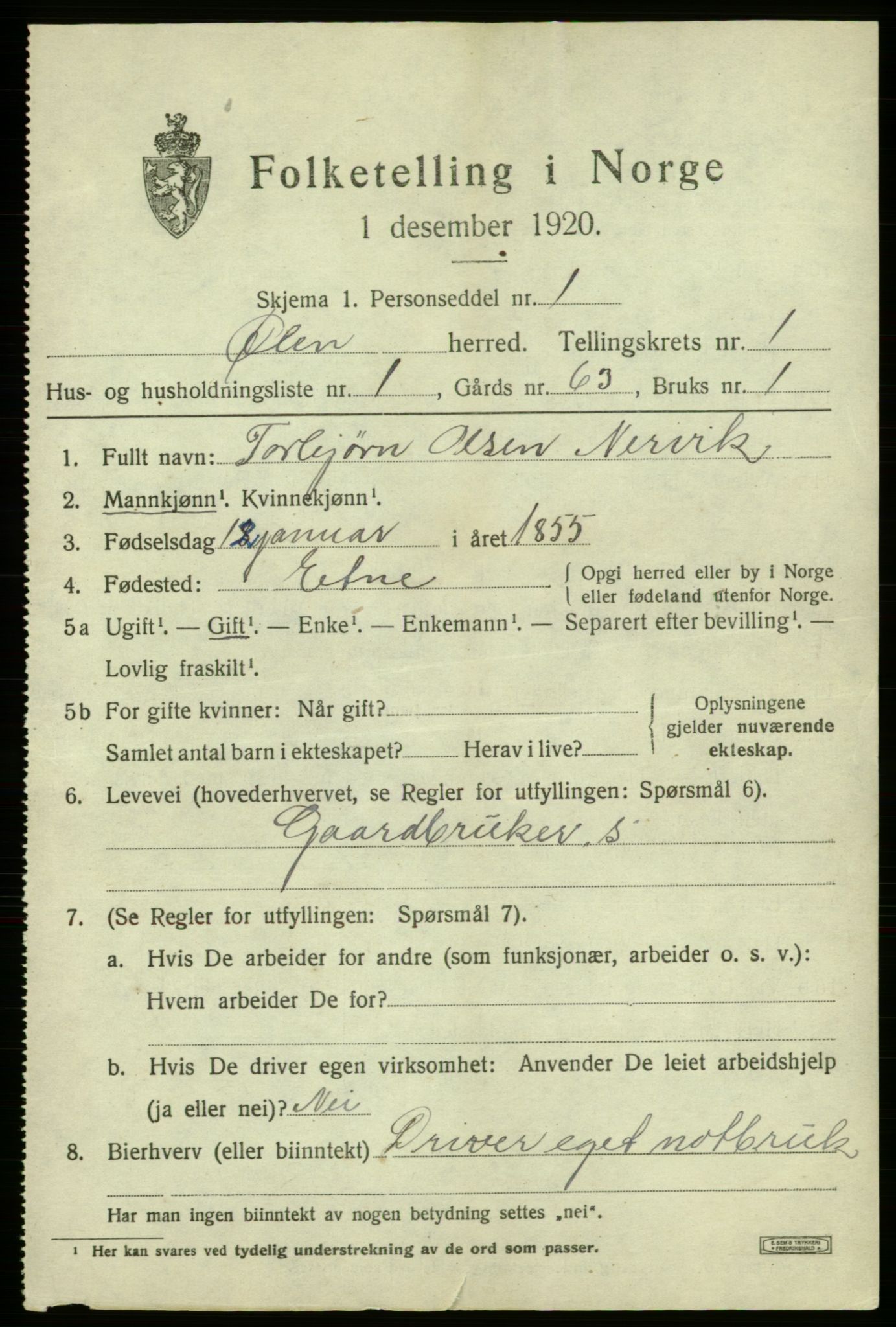SAB, 1920 census for Ølen, 1920, p. 747