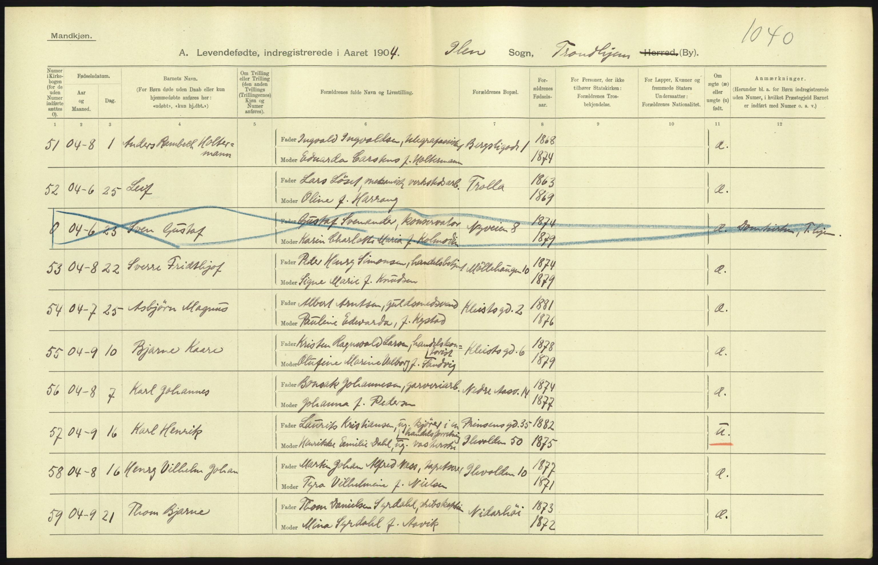 Statistisk sentralbyrå, Sosiodemografiske emner, Befolkning, AV/RA-S-2228/D/Df/Dfa/Dfab/L0018: Trondhjem: Fødte, gifte, døde., 1904, p. 173