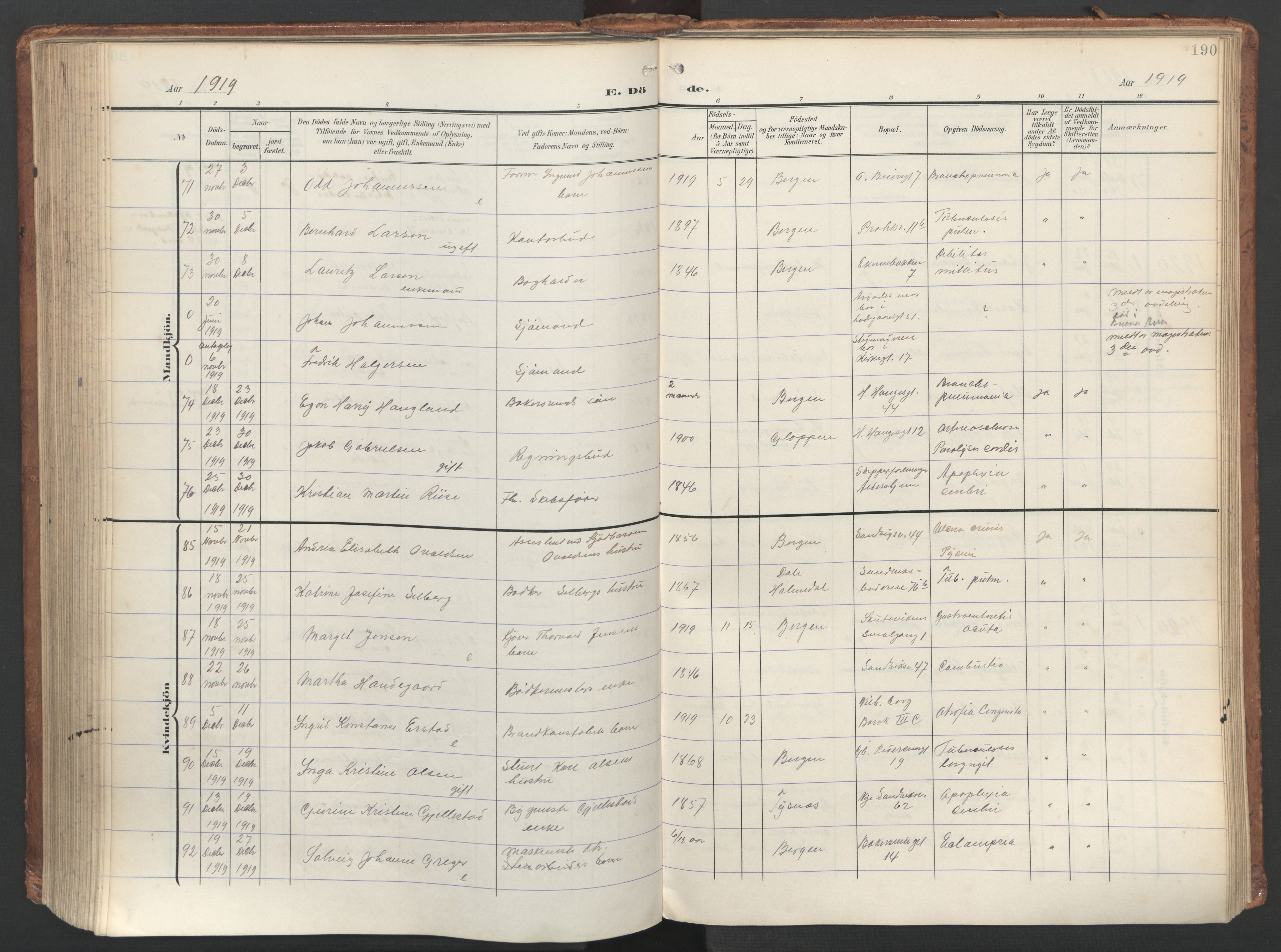 Sandviken Sokneprestembete, AV/SAB-A-77601/H/Ha/L0019: Parish register (official) no. E 2, 1905-1933, p. 190