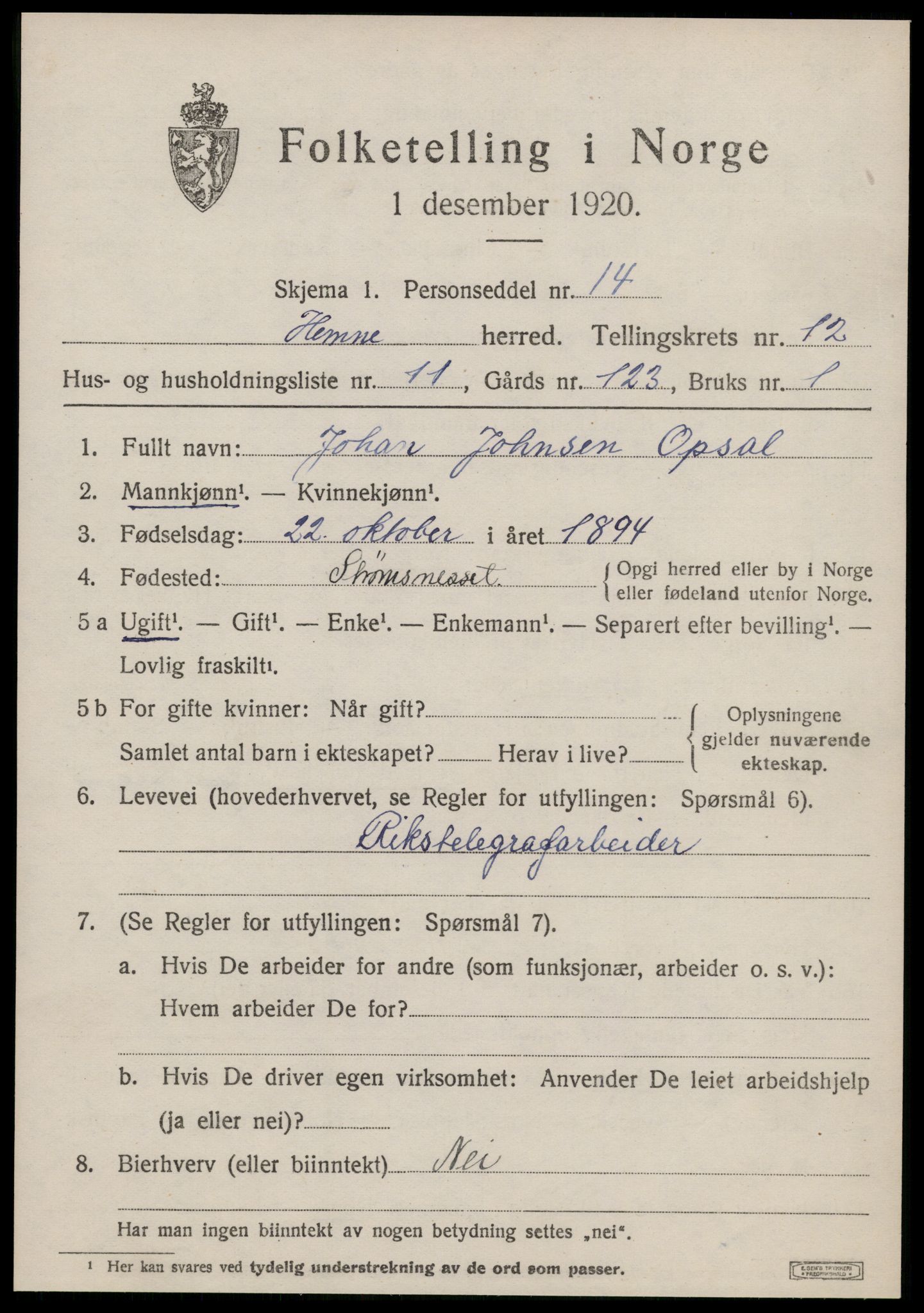 SAT, 1920 census for Hemne, 1920, p. 7200
