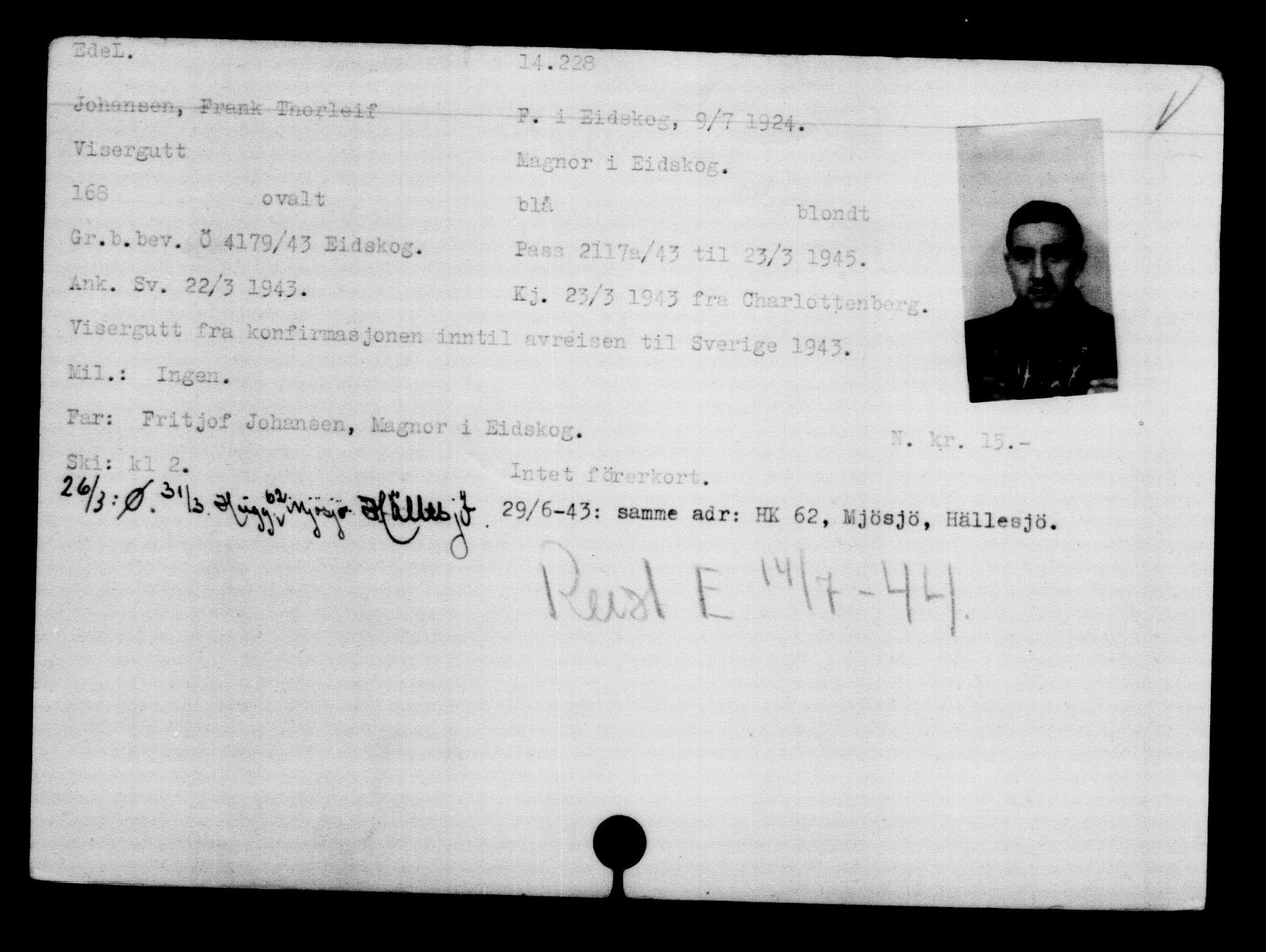 Utenriksstasjonene, Legasjonen i Stockholm, Flyktningkontoret, AV/RA-S-6753/V/Va/L0007: Kjesäterkartoteket, flyktninger med registreringsnr. 12700-15723, 1940-1945, p. 1765