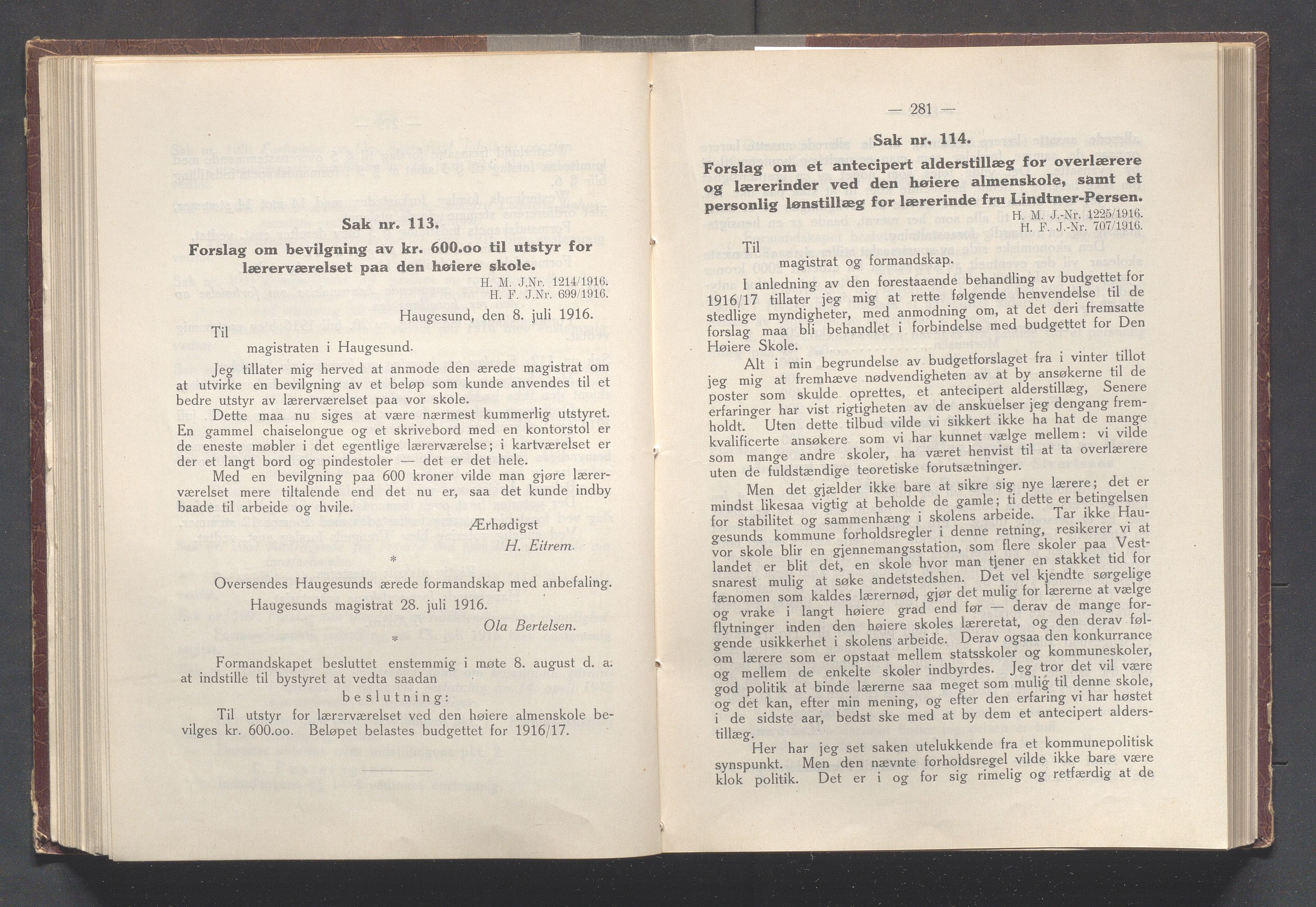 Haugesund kommune - Formannskapet og Bystyret, IKAR/A-740/A/Abb/L0002: Bystyreforhandlinger, 1908-1917, p. 814