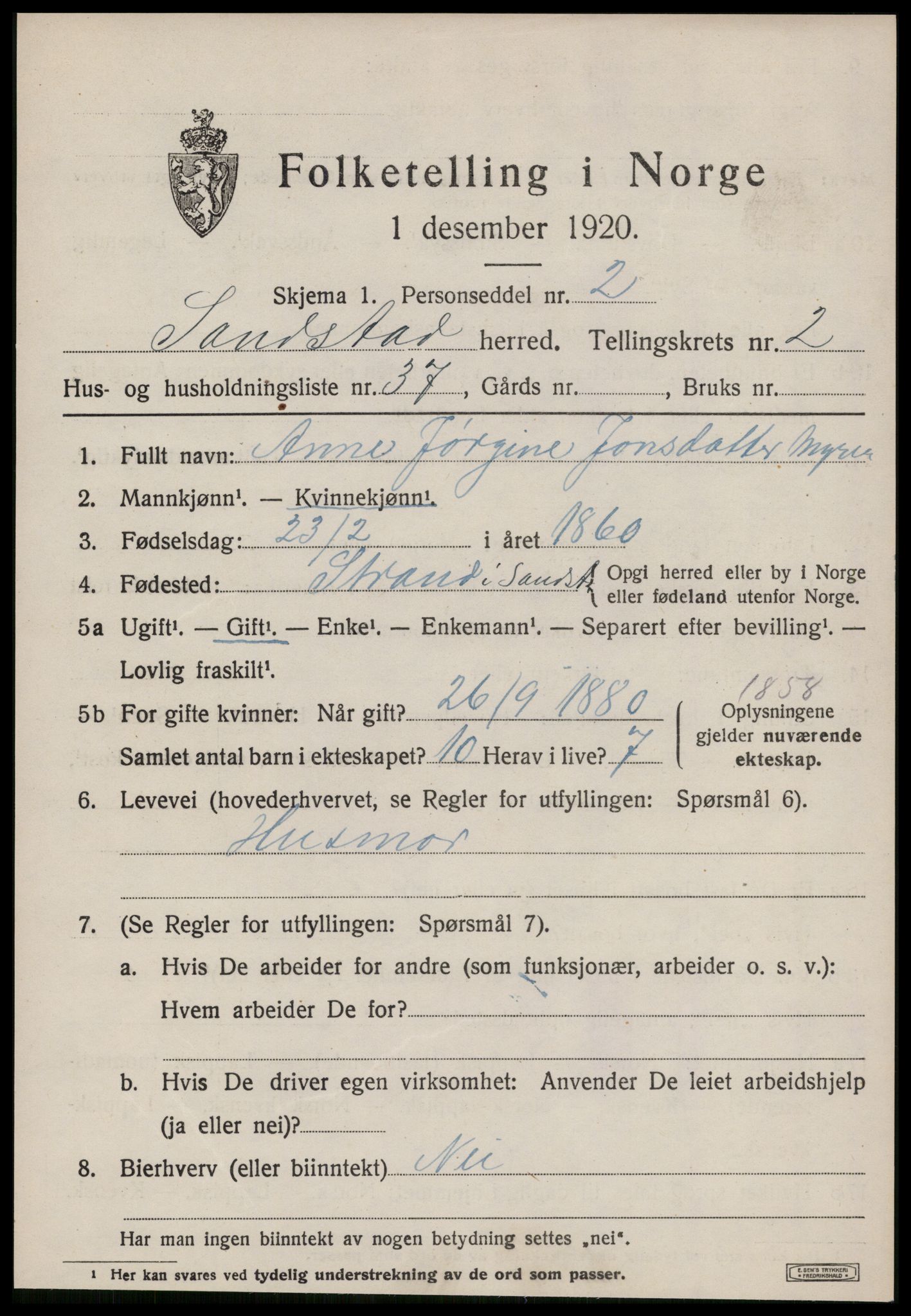 SAT, 1920 census for Sandstad, 1920, p. 1093