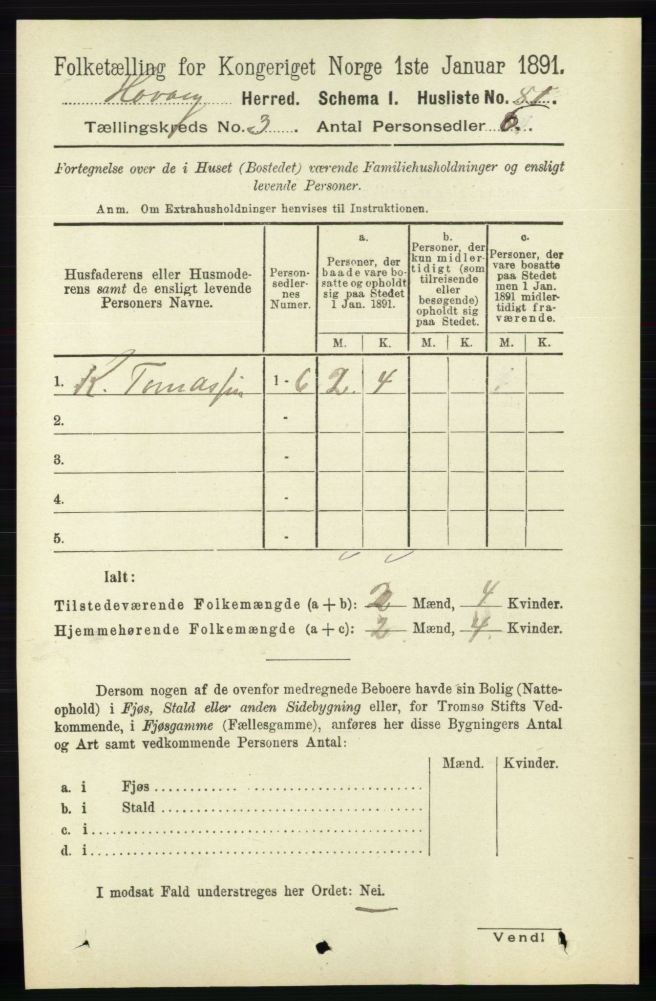 RA, 1891 census for 0927 Høvåg, 1891, p. 999