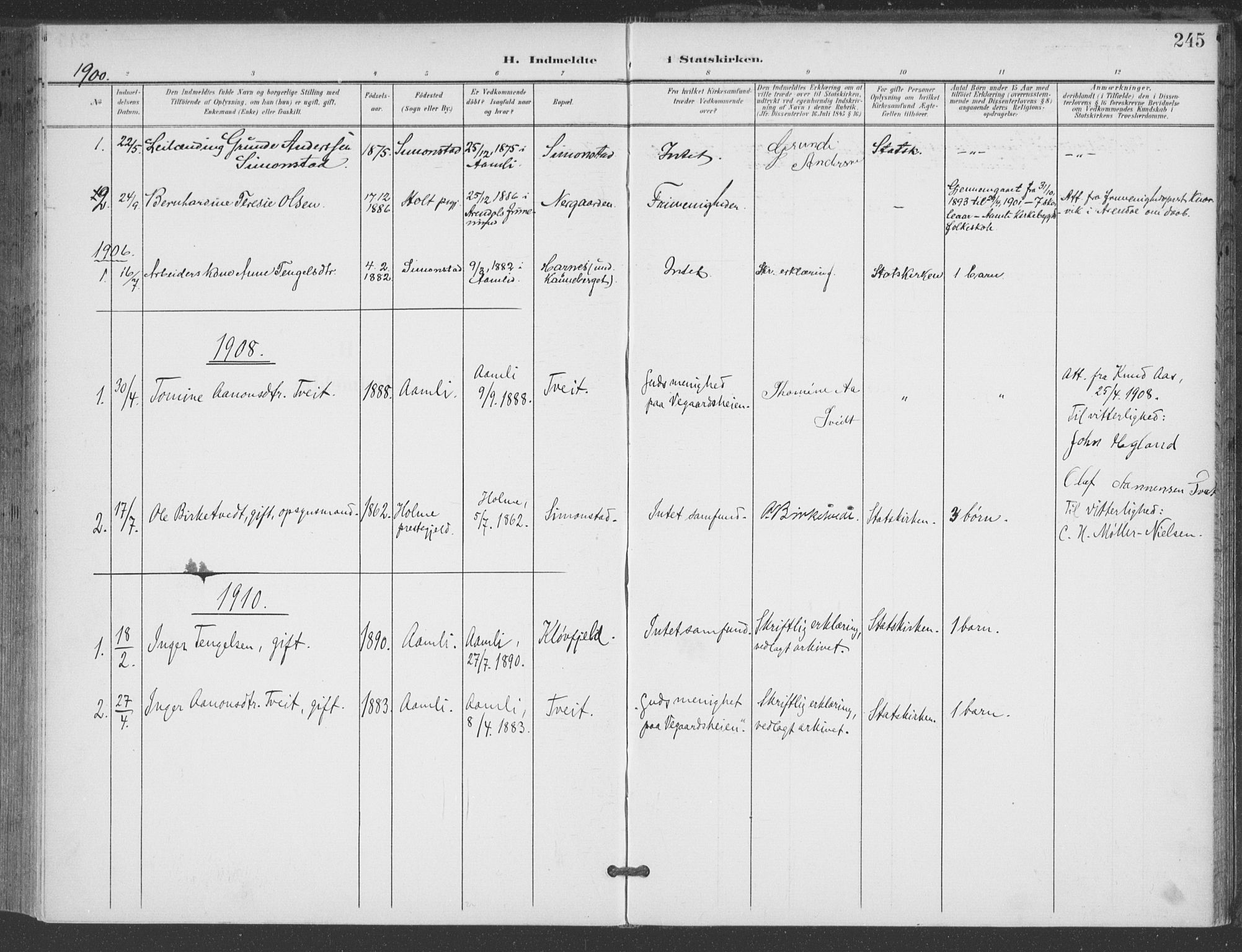 Åmli sokneprestkontor, AV/SAK-1111-0050/F/Fa/Fac/L0012: Parish register (official) no. A 12, 1900-1914, p. 245