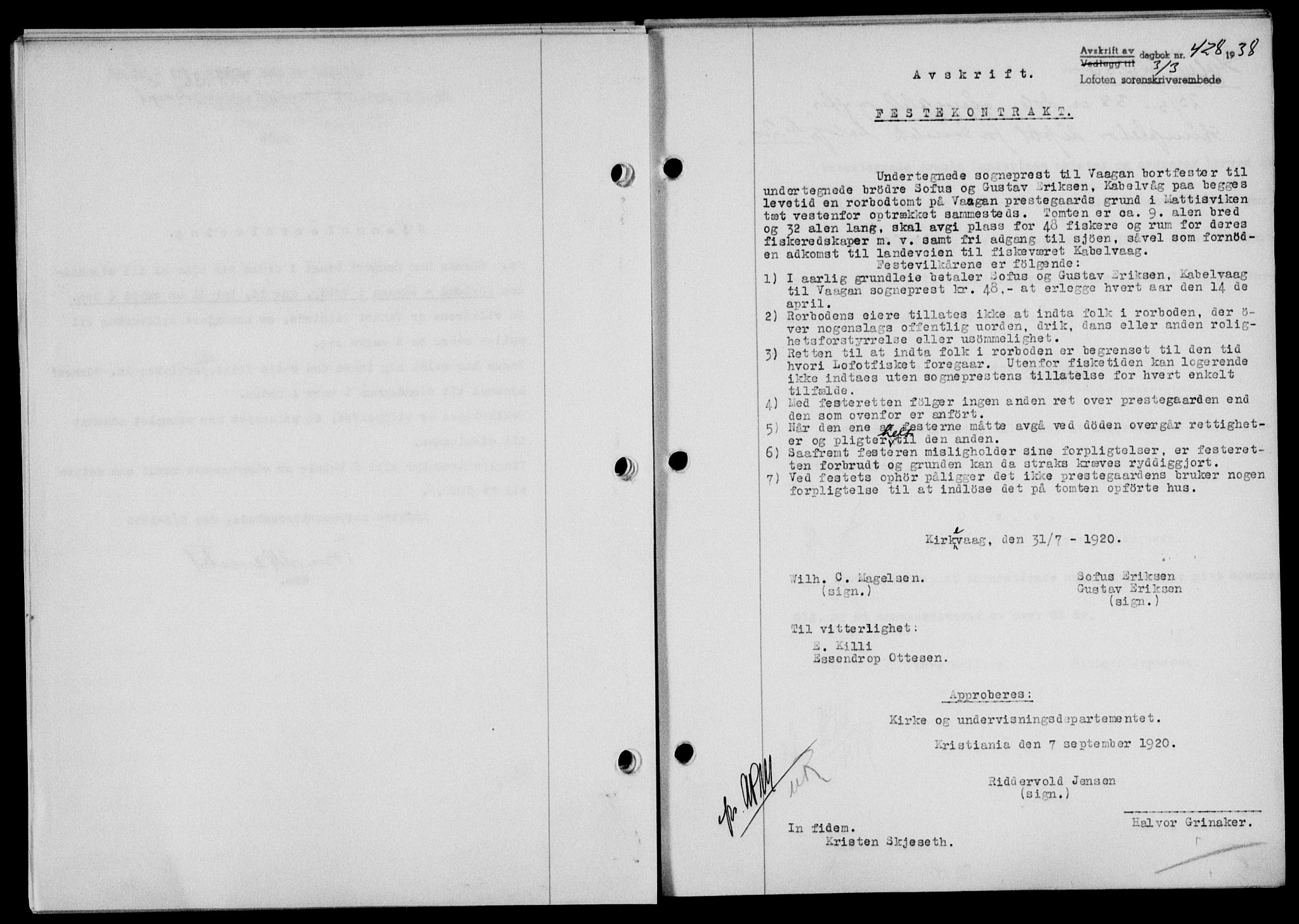 Lofoten sorenskriveri, SAT/A-0017/1/2/2C/L0003a: Mortgage book no. 3a, 1937-1938, Diary no: : 428/1938