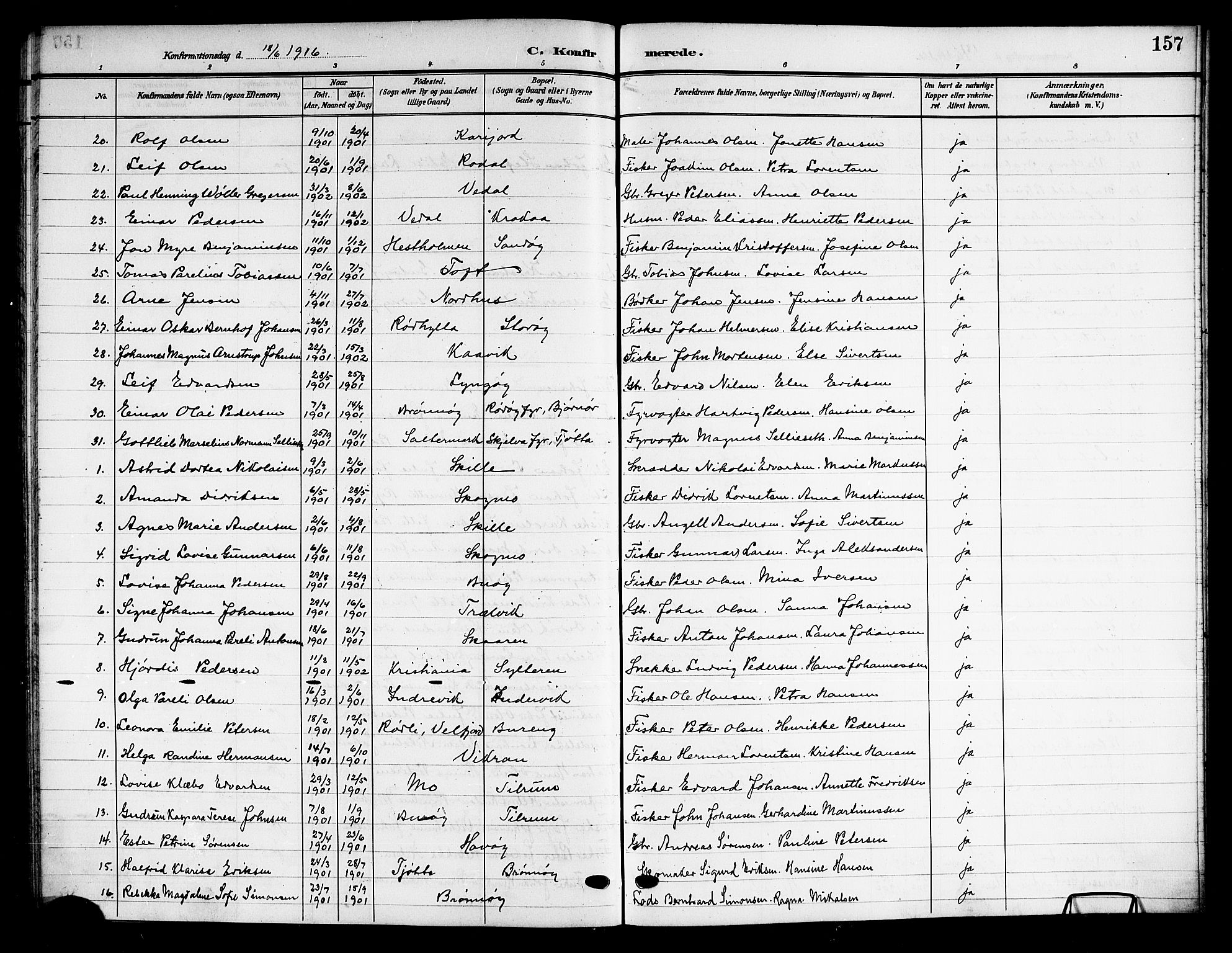 Ministerialprotokoller, klokkerbøker og fødselsregistre - Nordland, AV/SAT-A-1459/813/L0214: Parish register (copy) no. 813C06, 1904-1917, p. 157