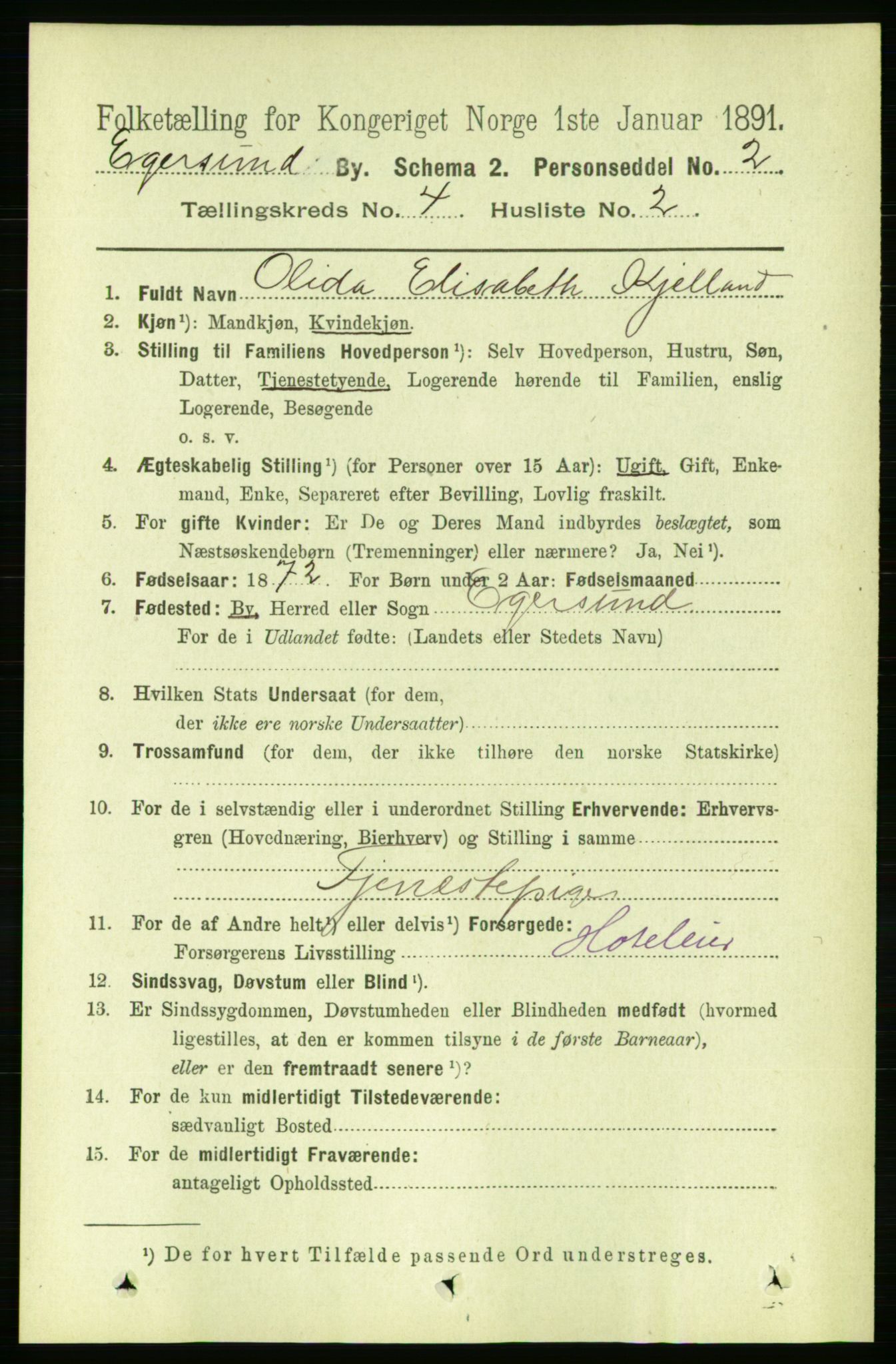 RA, 1891 census for 1101 Egersund, 1891, p. 615