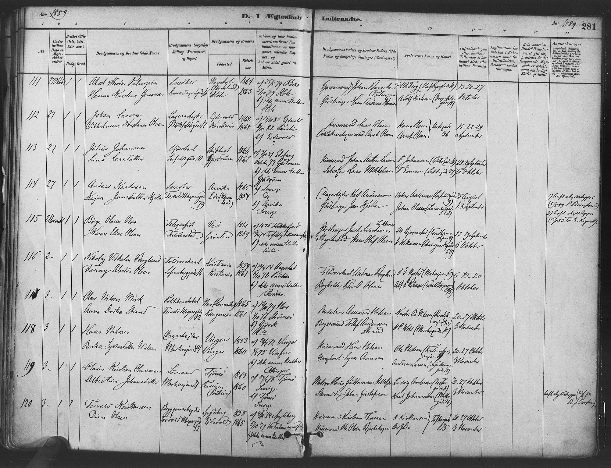 Paulus prestekontor Kirkebøker, AV/SAO-A-10871/F/Fa/L0004: Parish register (official) no. 4, 1879-1891, p. 281