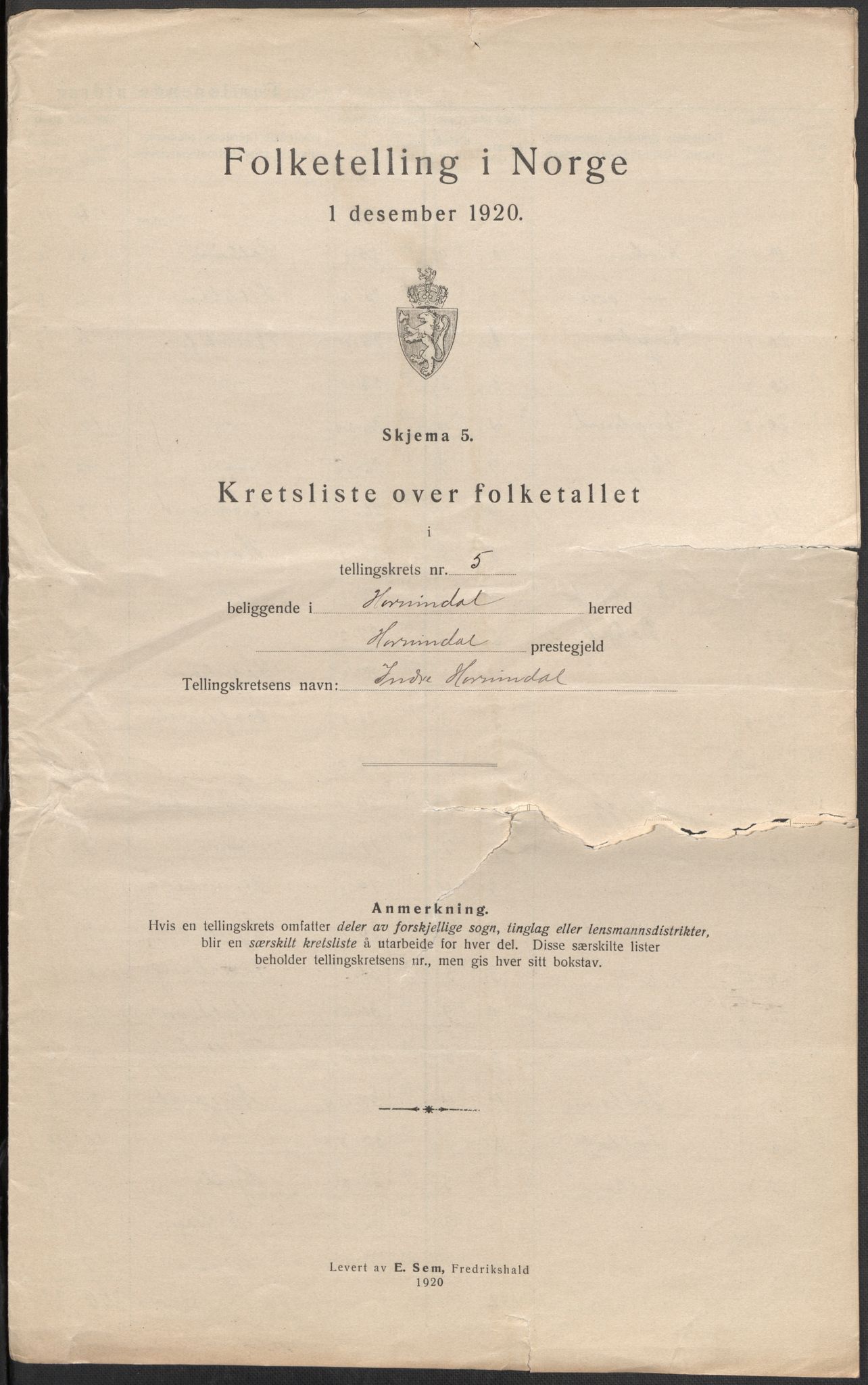 SAB, 1920 census for Hornindal, 1920, p. 16