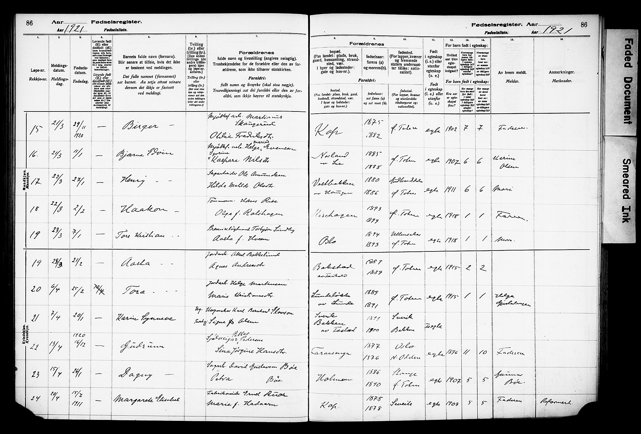 Østre Toten prestekontor, AV/SAH-PREST-104/I/Id/L0001/0001: Birth register no. 1.1, 1916-1928, p. 86