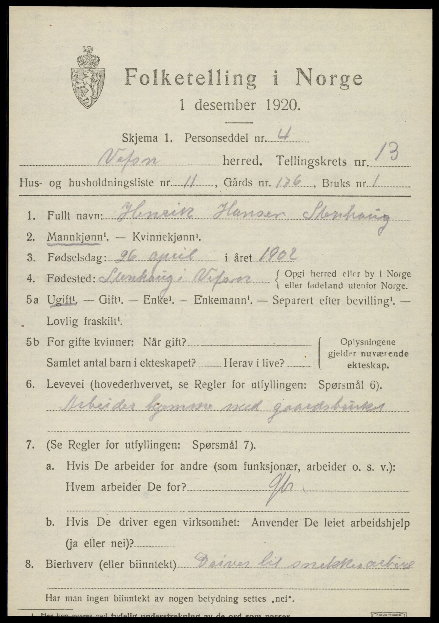 SAT, 1920 census for Vefsn, 1920, p. 10327