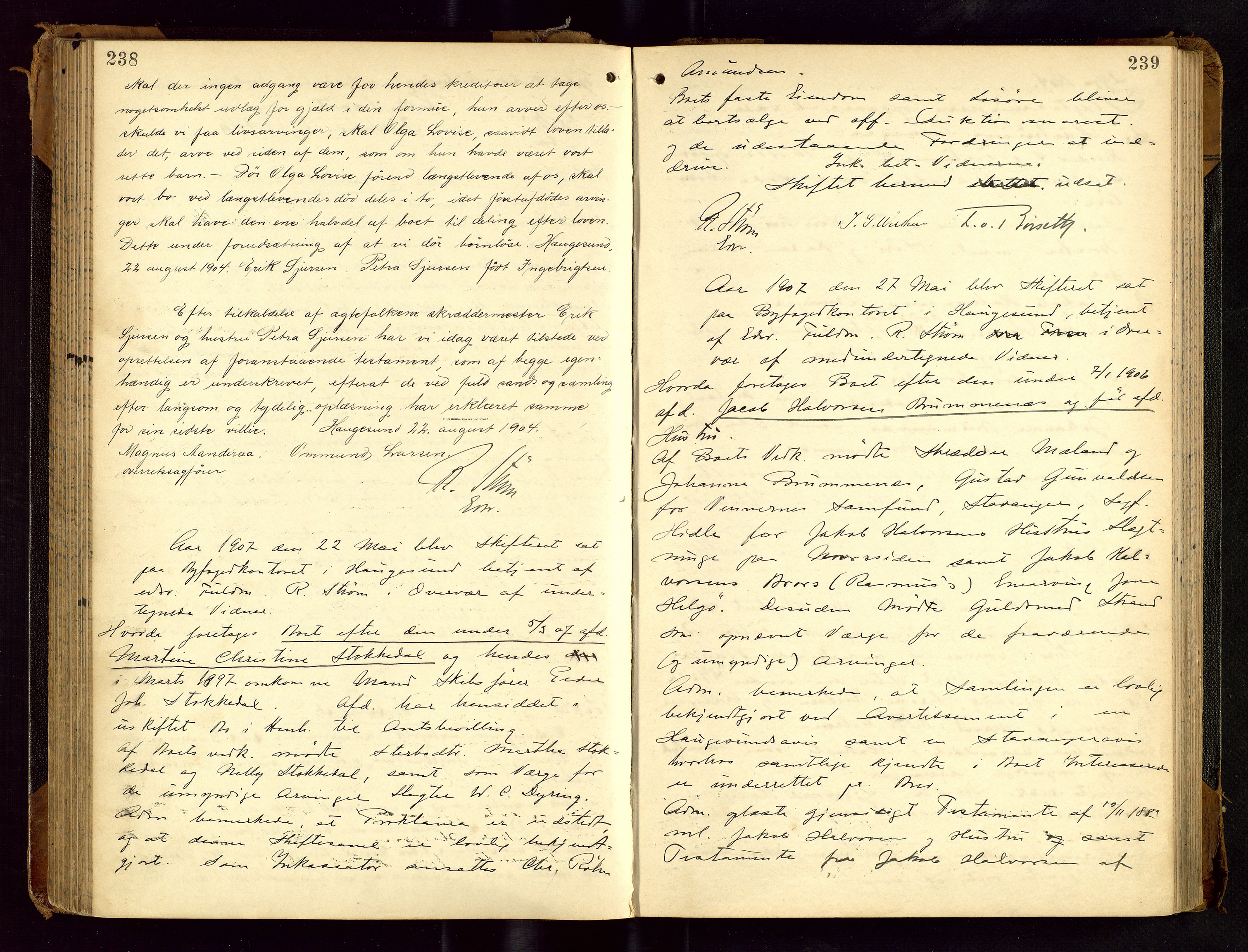 Haugesund tingrett, AV/SAST-A-101415/01/IV/IVC/L0001: Skifteforhandlingsprotokoll, med register, 1900-1912, p. 238-239