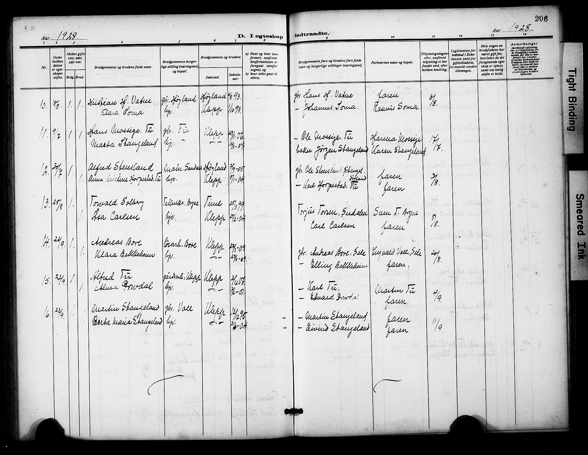 Klepp sokneprestkontor, AV/SAST-A-101803/001/3/30BB/L0007: Parish register (copy) no. B 7, 1908-1934, p. 206