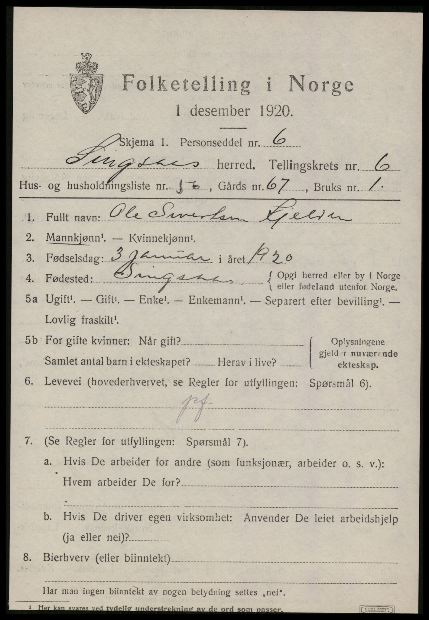 SAT, 1920 census for Singsås, 1920, p. 4009