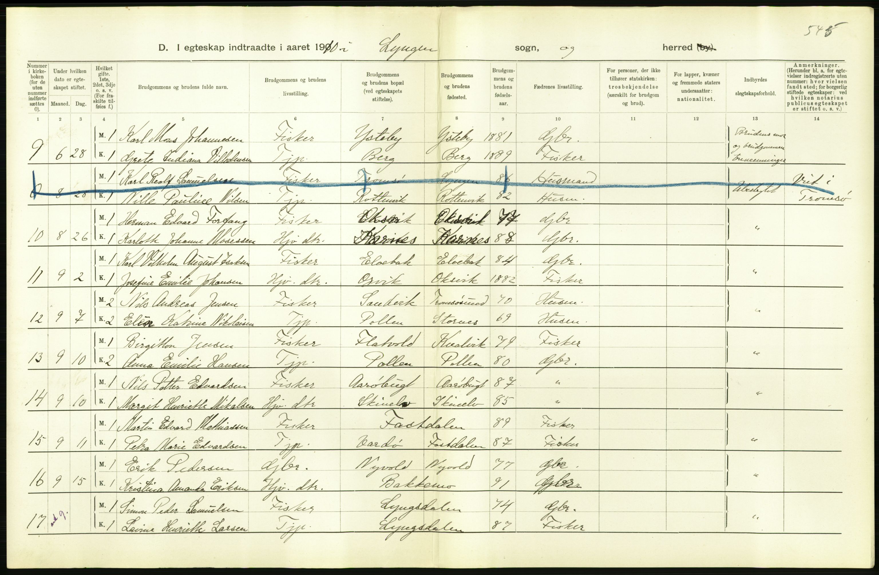 Statistisk sentralbyrå, Sosiodemografiske emner, Befolkning, AV/RA-S-2228/D/Df/Dfa/Dfah/L0044: Tromsø amt: Gifte, døde, dødfødte. Bygder og byer., 1910, p. 22