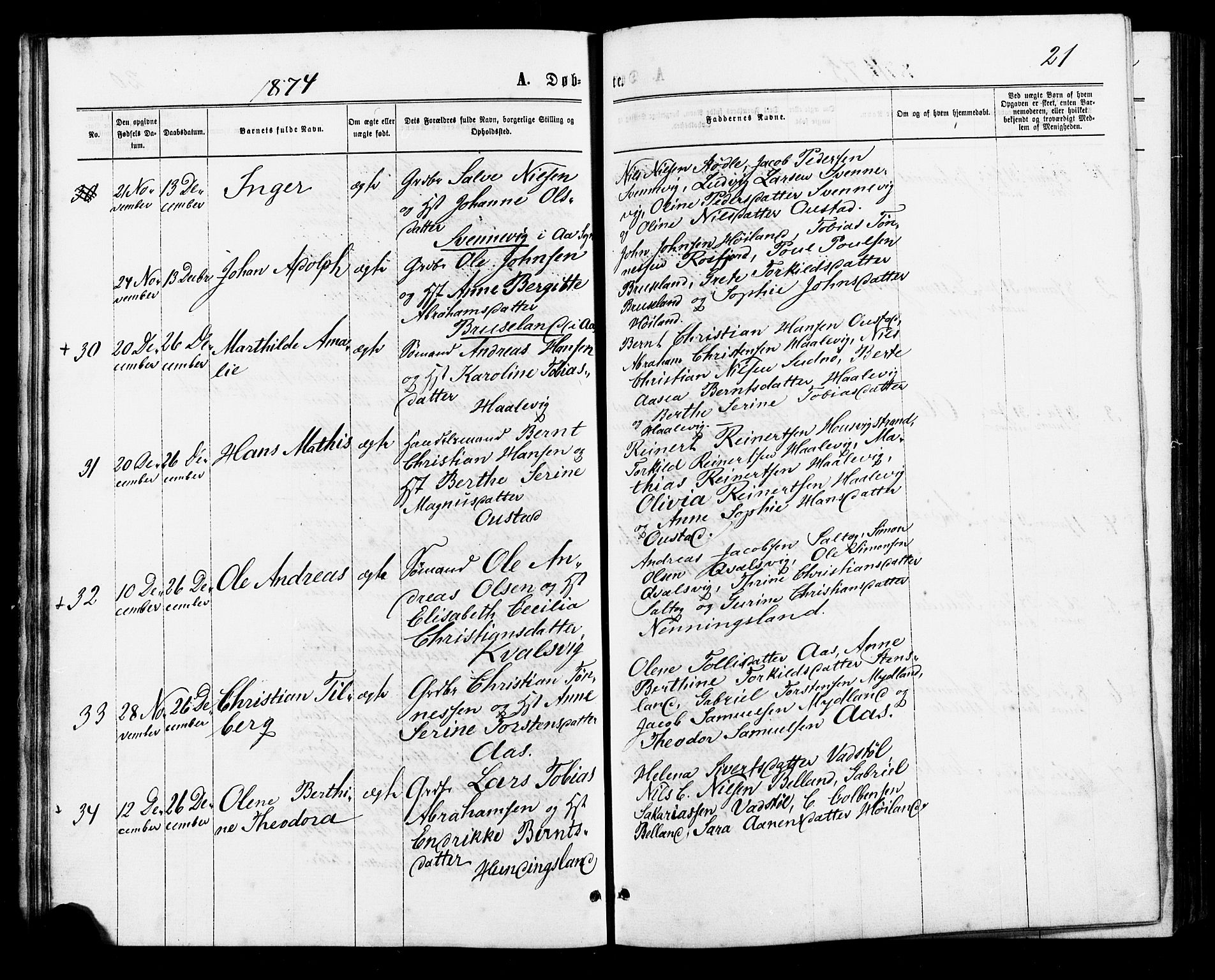 Lyngdal sokneprestkontor, AV/SAK-1111-0029/F/Fa/Faa/L0003: Parish register (official) no. A 3, 1871-1882, p. 21