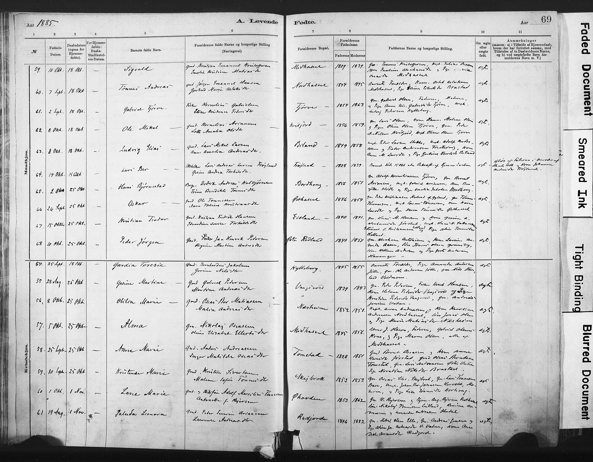 Lista sokneprestkontor, AV/SAK-1111-0027/F/Fa/L0012: Parish register (official) no. A 12, 1879-1903, p. 69