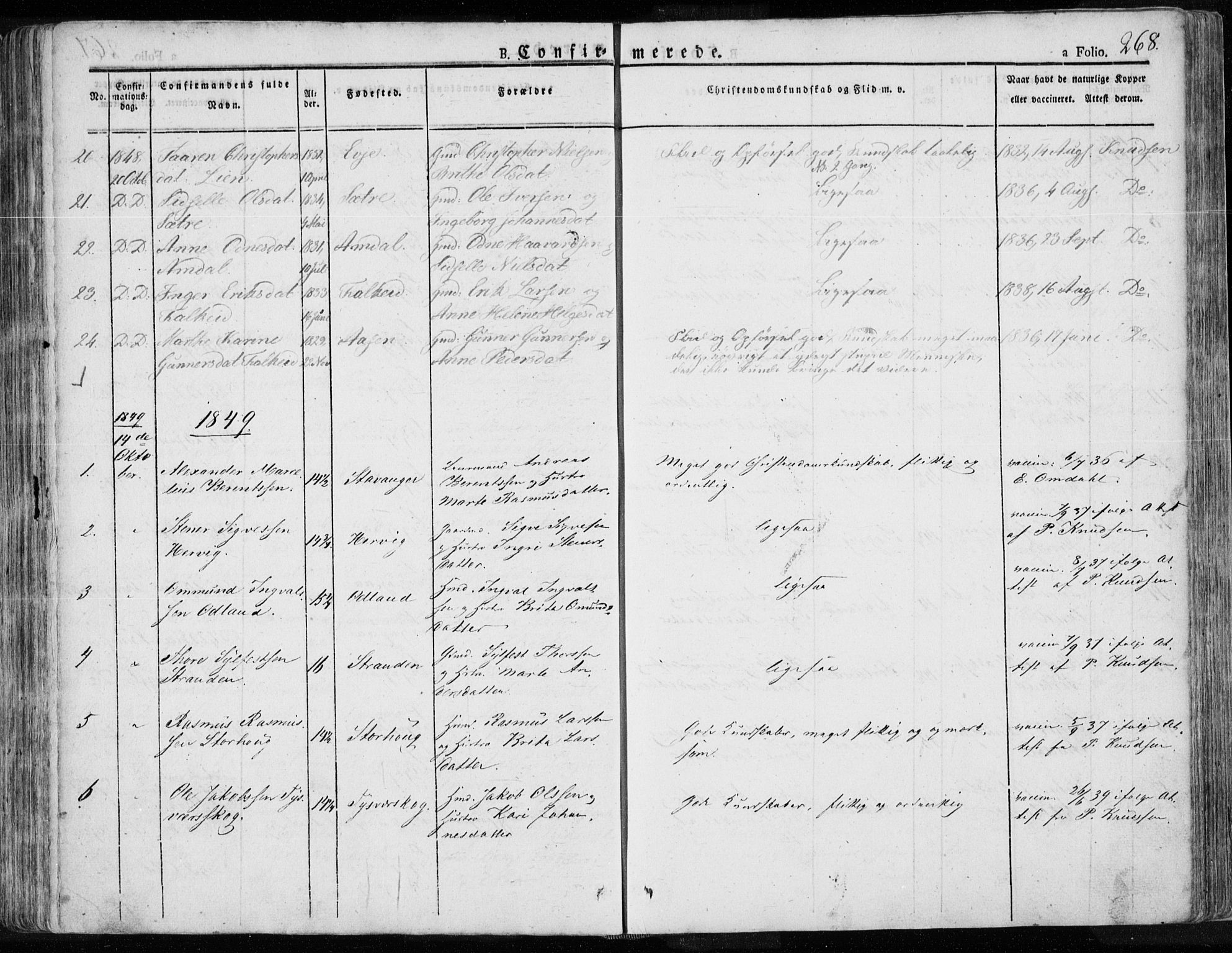 Tysvær sokneprestkontor, AV/SAST-A -101864/H/Ha/Haa/L0001: Parish register (official) no. A 1.1, 1831-1856, p. 268