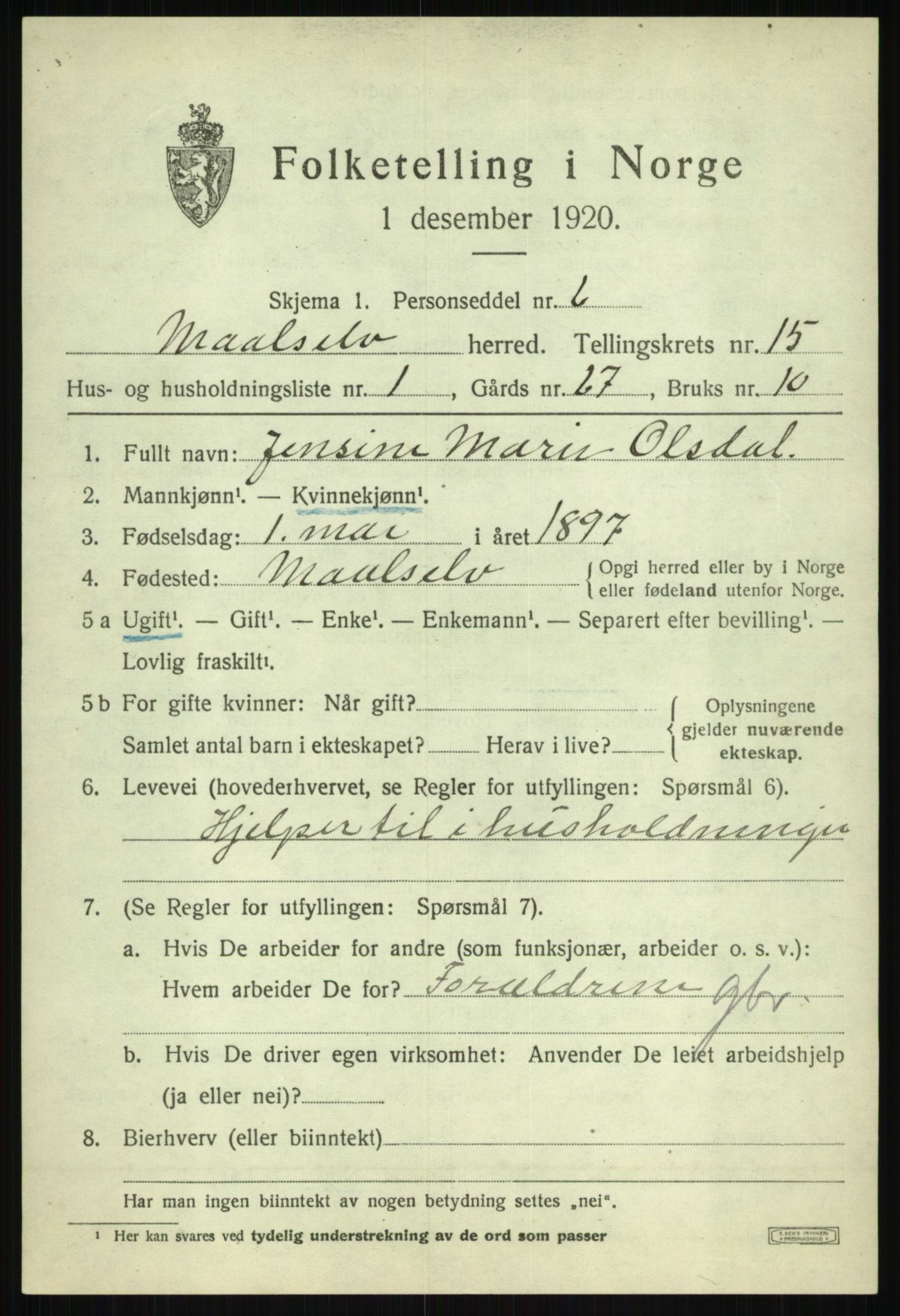 SATØ, 1920 census for Målselv, 1920, p. 7633