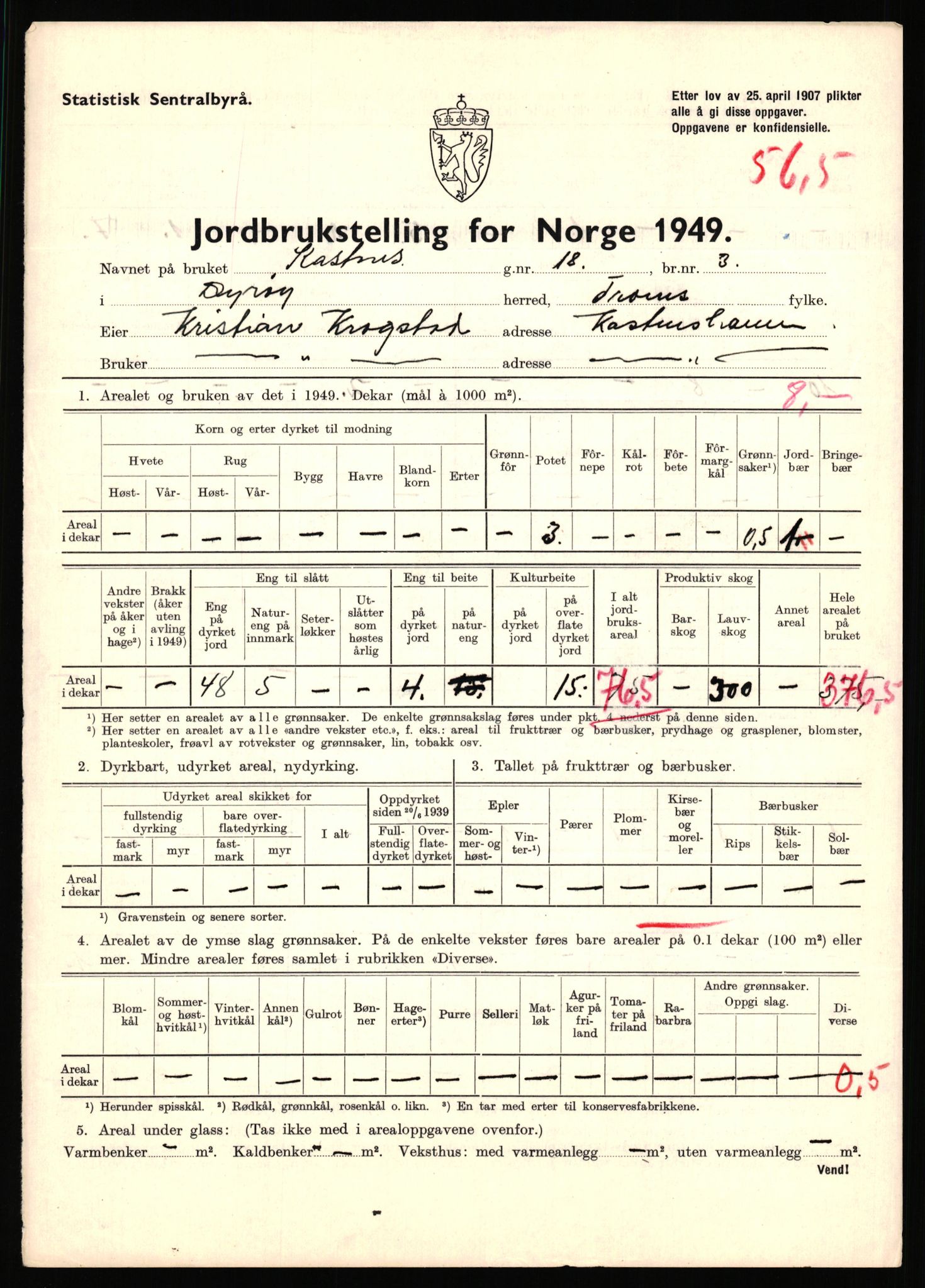 Statistisk sentralbyrå, Næringsøkonomiske emner, Jordbruk, skogbruk, jakt, fiske og fangst, AV/RA-S-2234/G/Gc/L0440: Troms: Sørreisa og Dyrøy, 1949, p. 1617