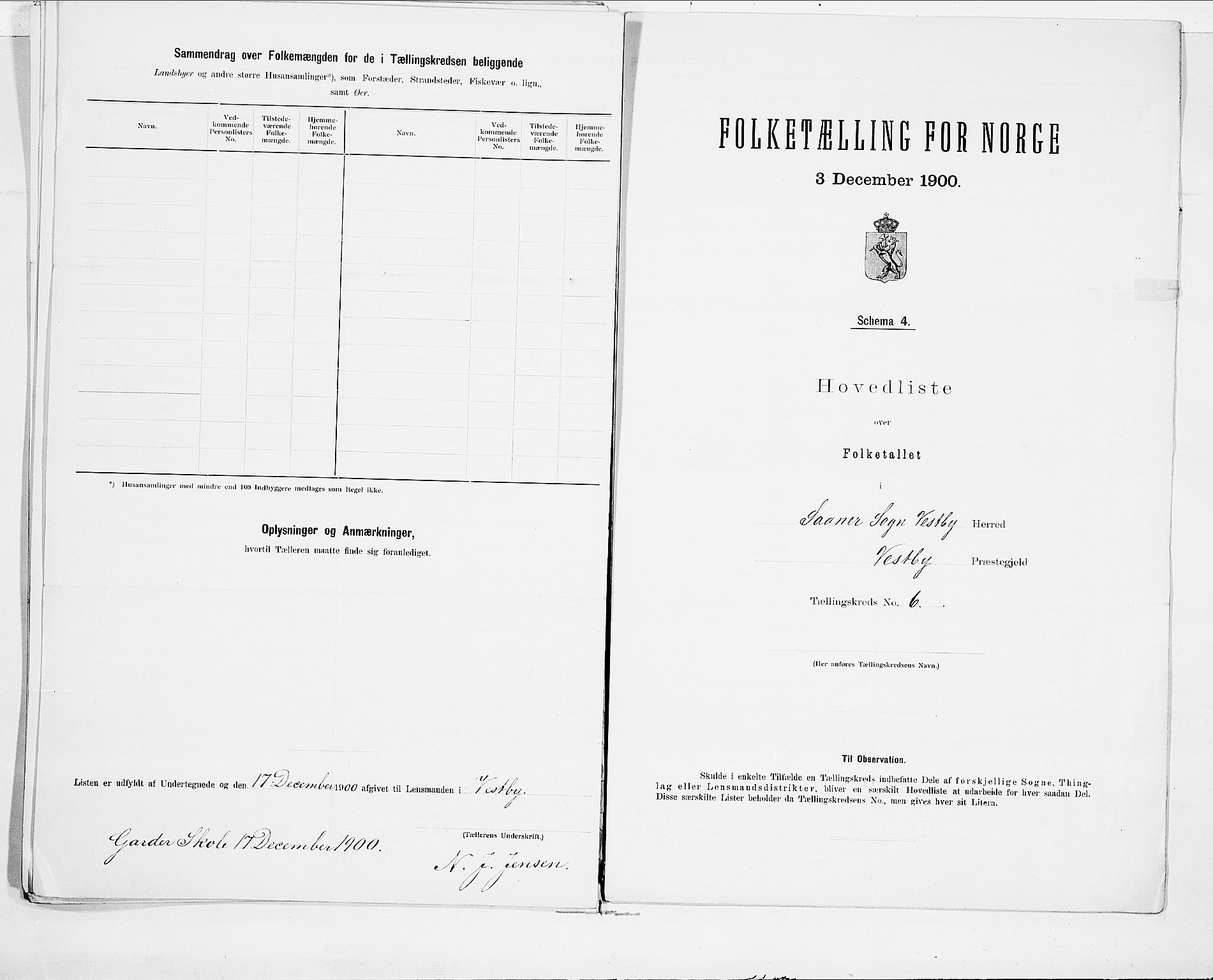 SAO, 1900 census for Vestby, 1900, p. 20