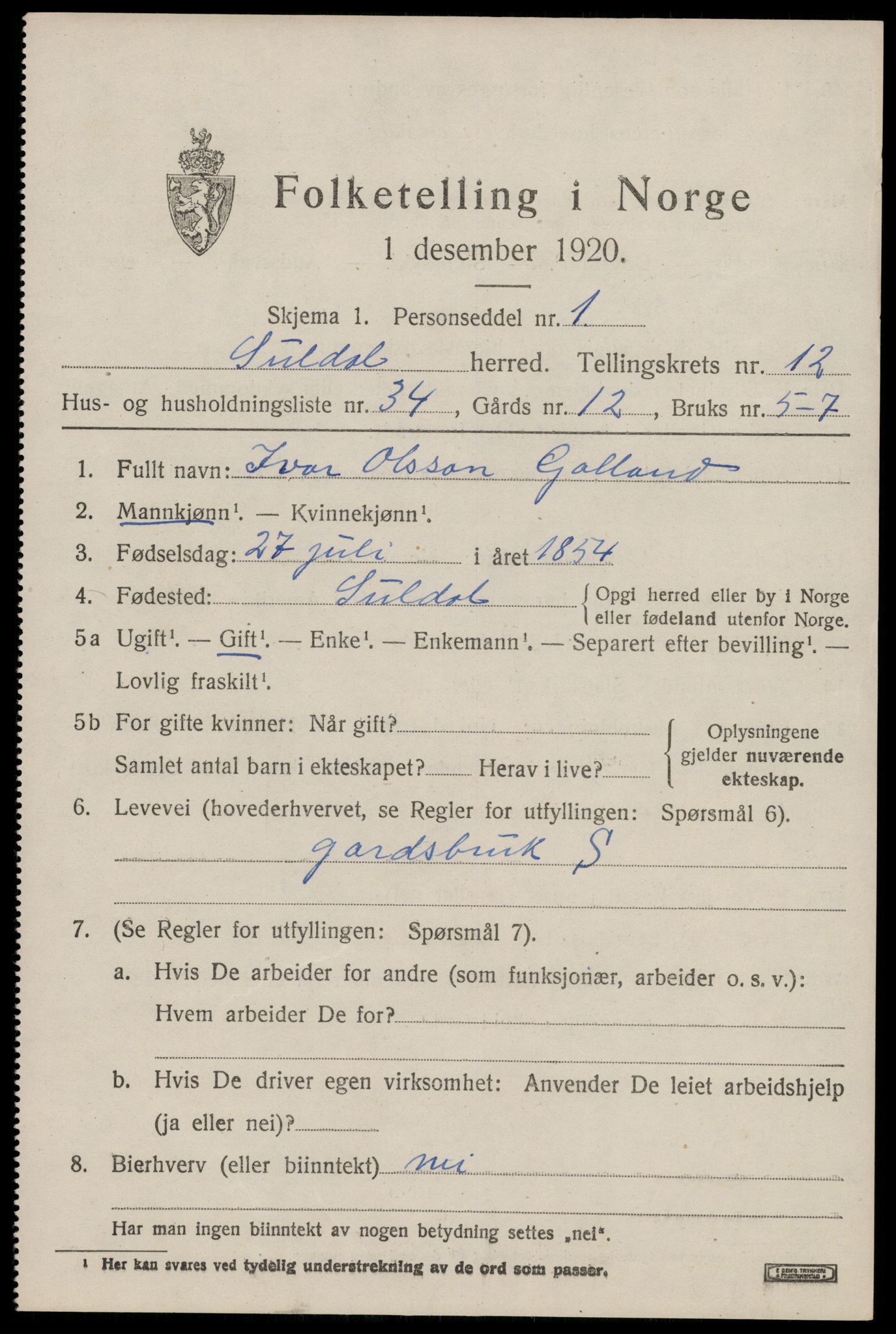 SAST, 1920 census for Suldal, 1920, p. 3862