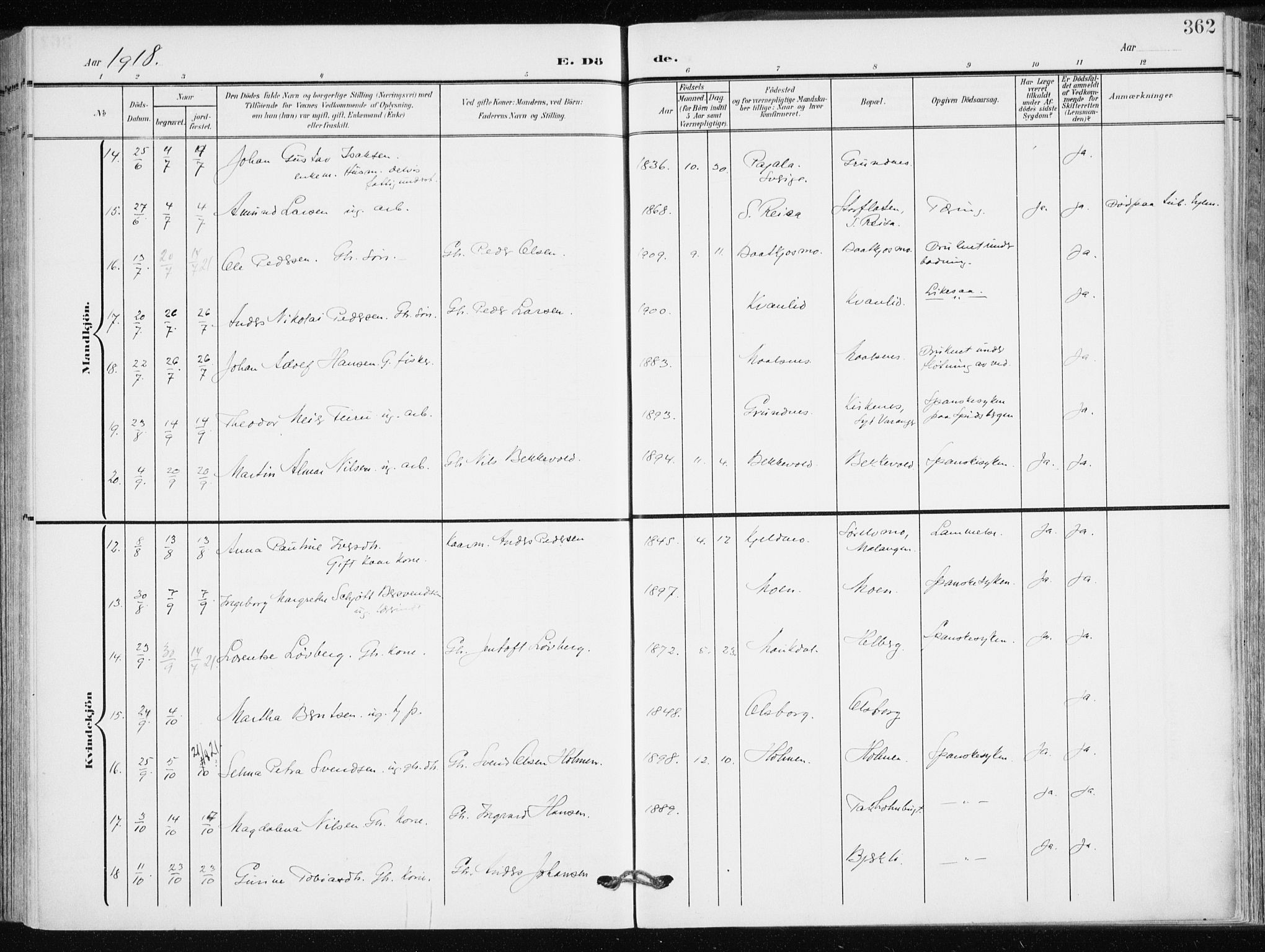 Målselv sokneprestembete, AV/SATØ-S-1311/G/Ga/Gaa/L0011kirke: Parish register (official) no. 11, 1904-1918, p. 362