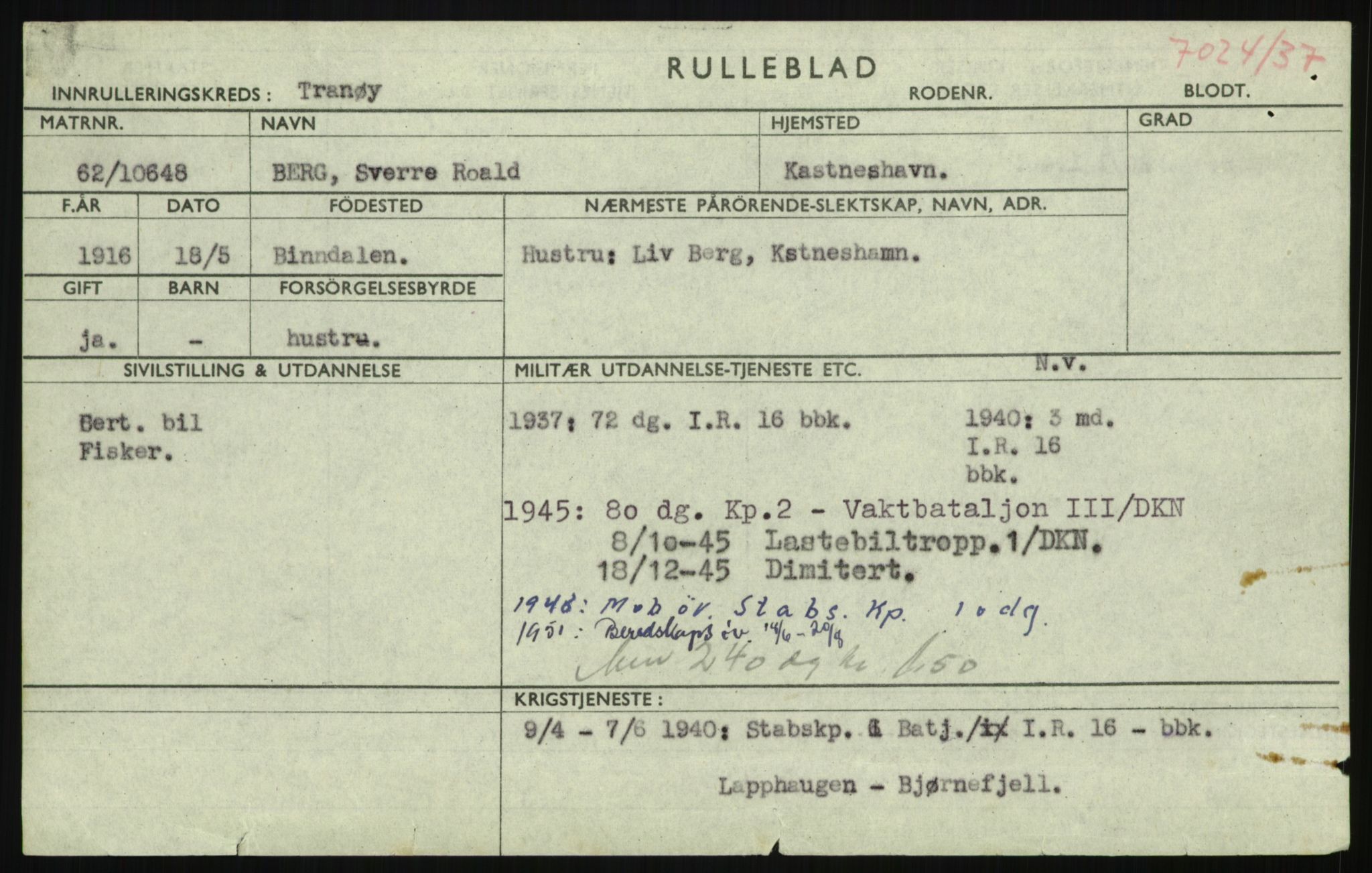 Forsvaret, Troms infanteriregiment nr. 16, AV/RA-RAFA-3146/P/Pa/L0021: Rulleblad for regimentets menige mannskaper, årsklasse 1937, 1937, p. 53