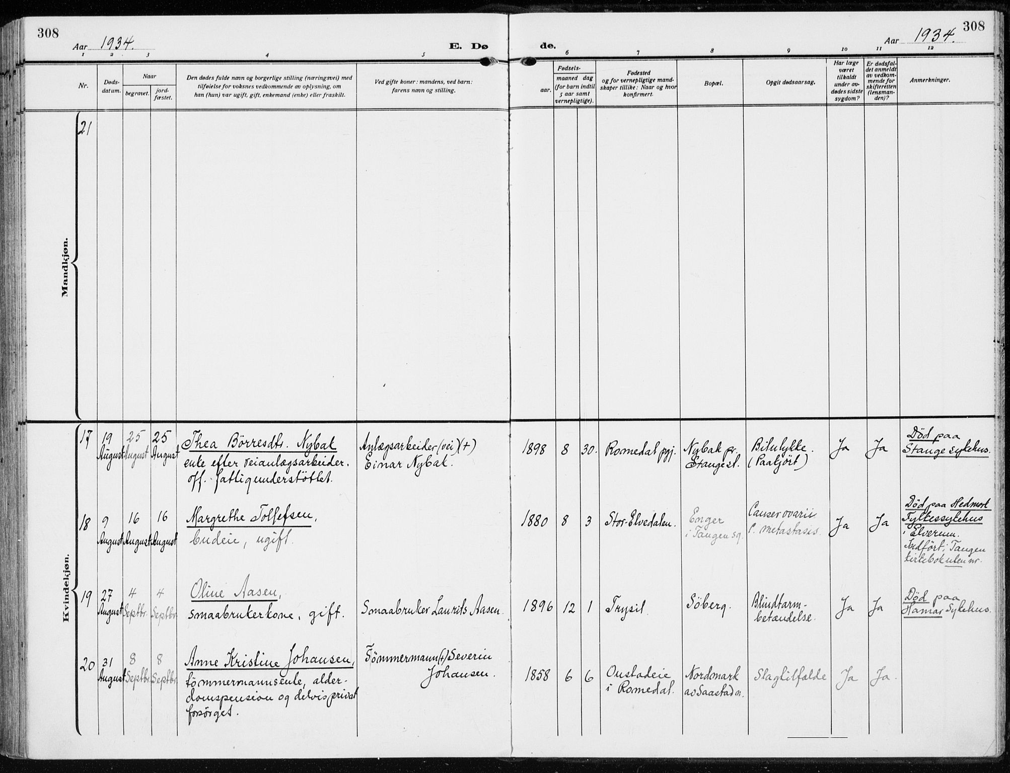 Stange prestekontor, AV/SAH-PREST-002/K/L0026: Parish register (official) no. 26, 1923-1937, p. 308