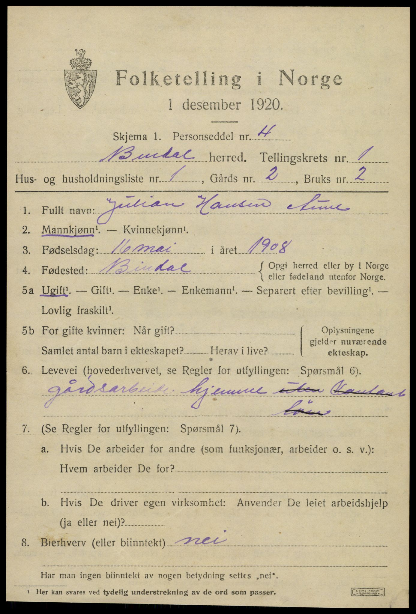 SAT, 1920 census for Bindal, 1920, p. 881